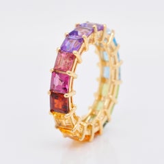 14K Gold Square Multicolor Natural Gemstones Rainbow Eternity Band Ring