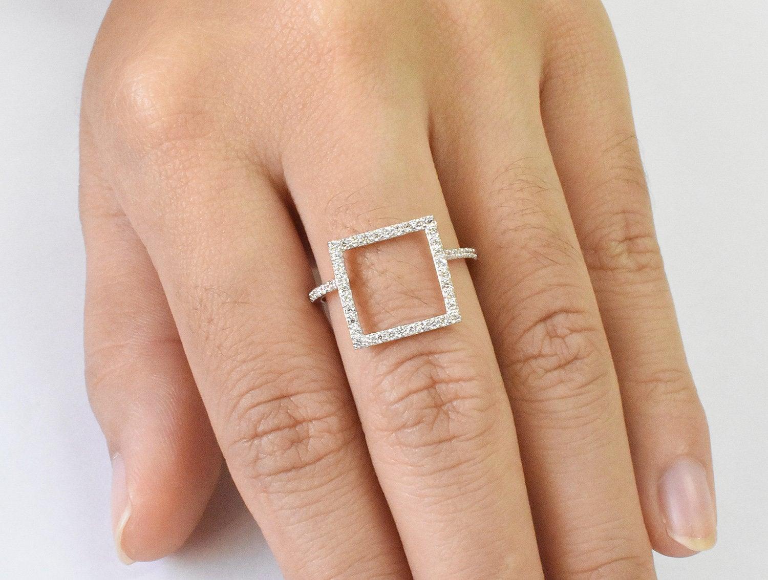 For Sale:  14K Gold Square Shape Gold Diamond Ring Geometric Shape Diamond 12