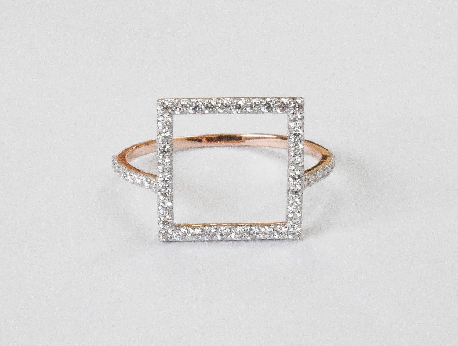 For Sale:  14K Gold Square Shape Gold Diamond Ring Geometric Shape Diamond 3