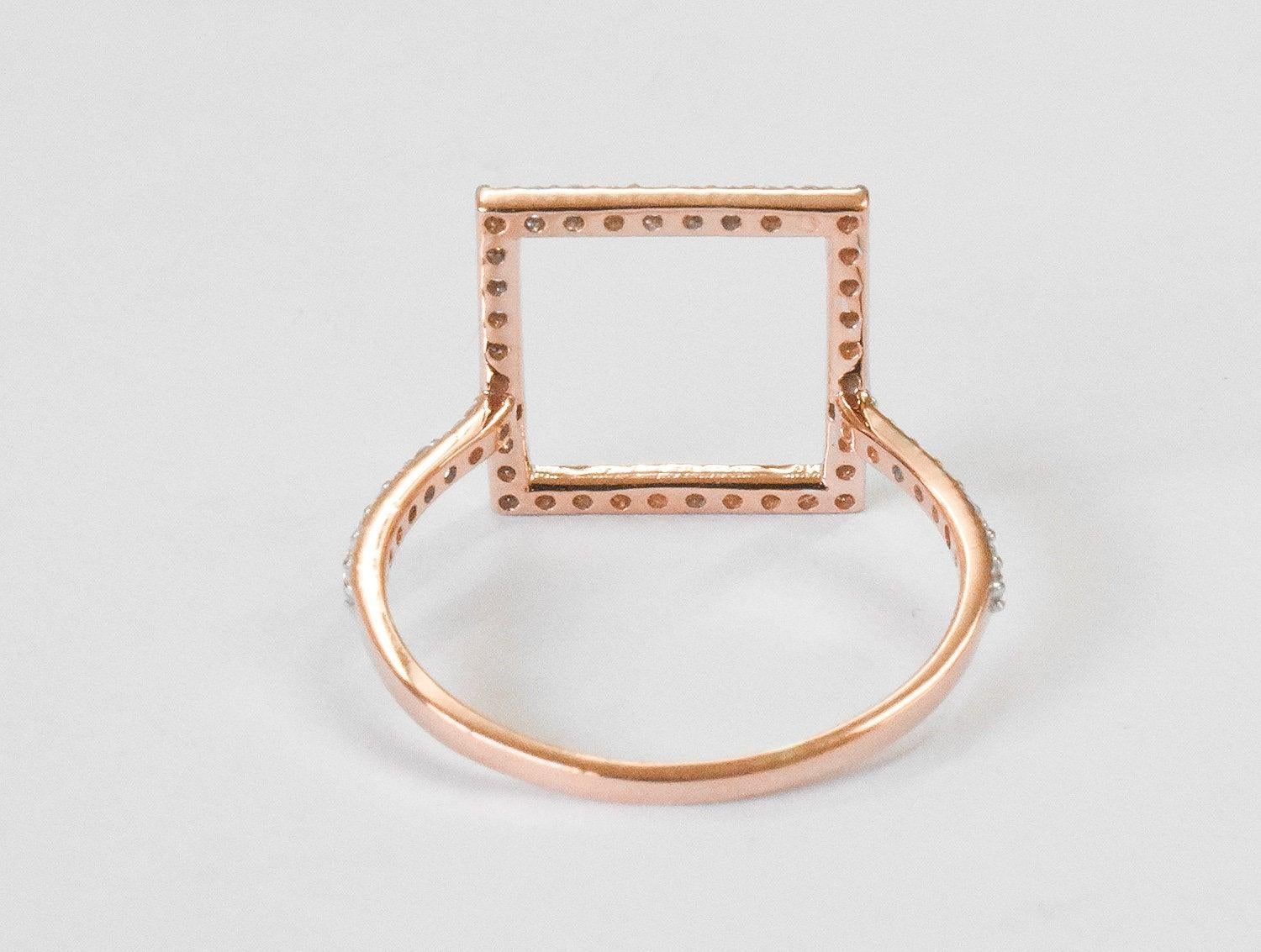 For Sale:  14K Gold Square Shape Gold Diamond Ring Geometric Shape Diamond 7