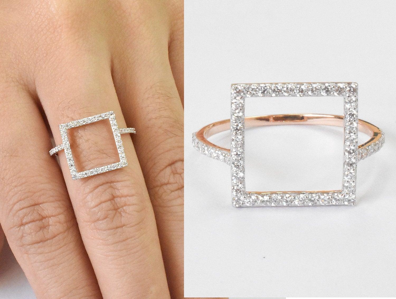 For Sale:  14K Gold Square Shape Gold Diamond Ring Geometric Shape Diamond 8