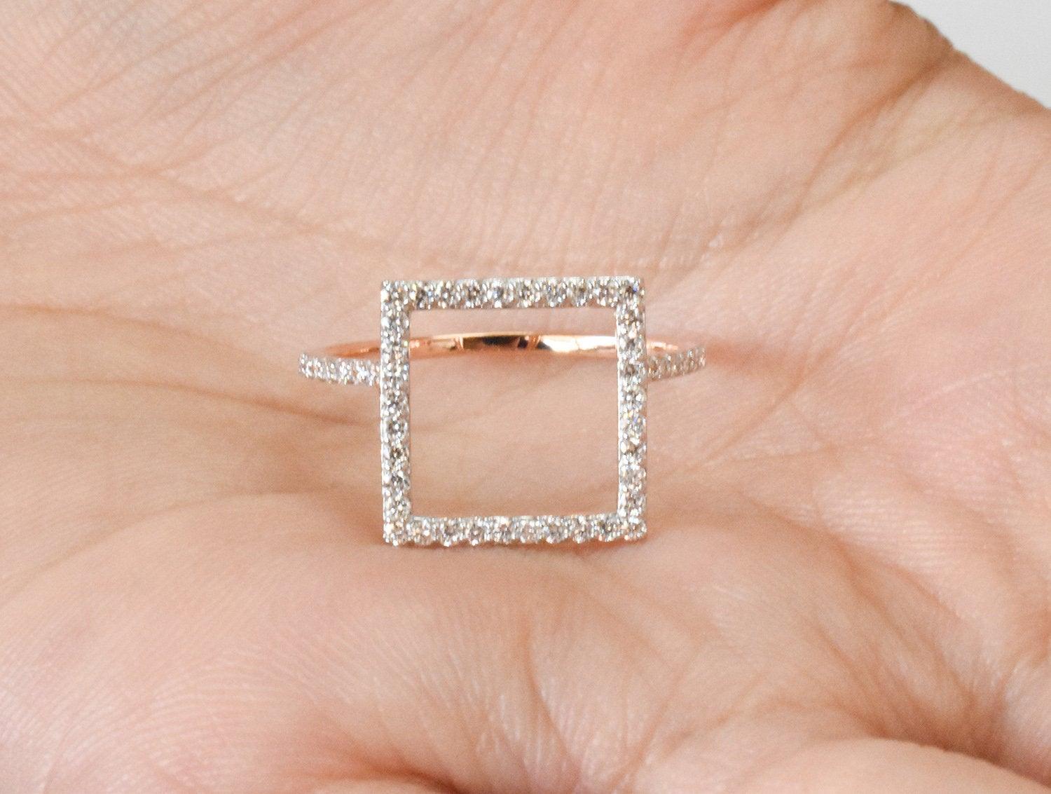 For Sale:  14K Gold Square Shape Gold Diamond Ring Geometric Shape Diamond 9
