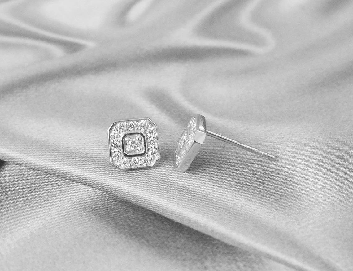 Round Cut 14k Gold Square Studs Diamond Emerald Cut Stud Earrings Diamond Cluster Stud For Sale