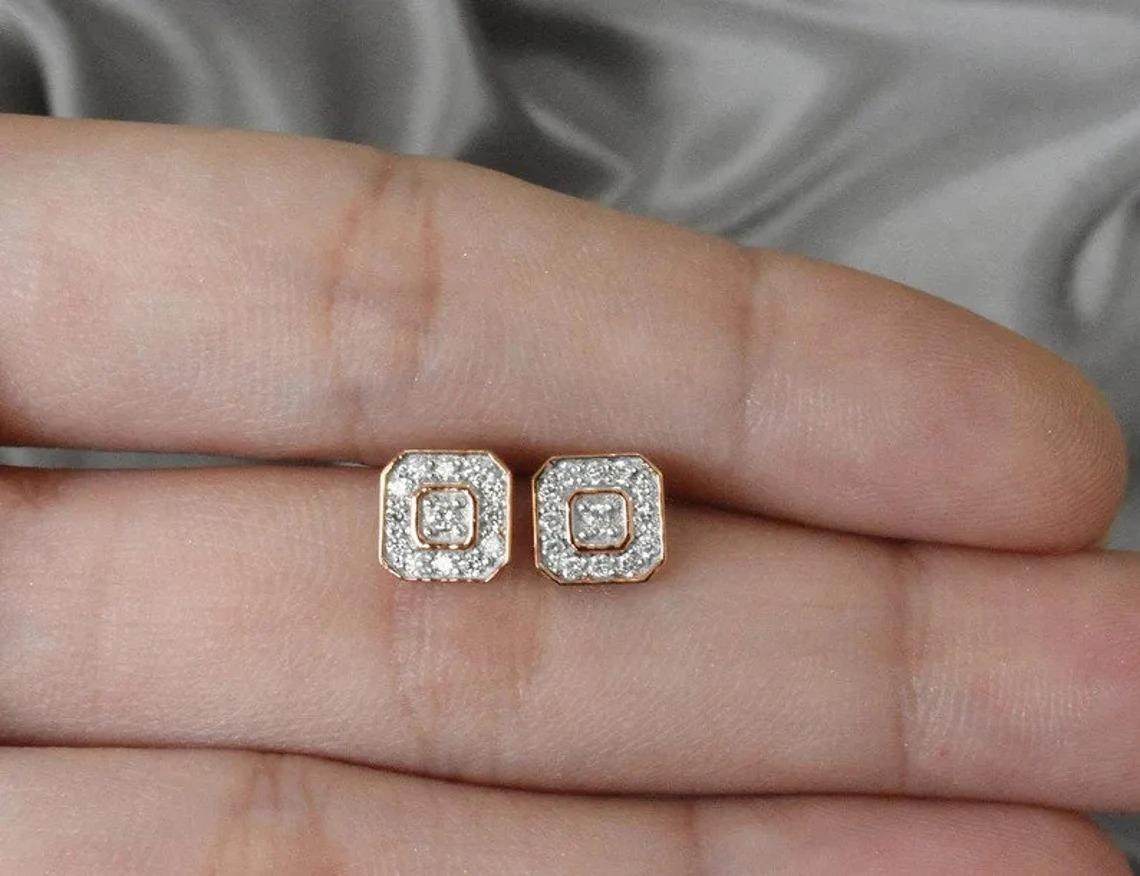 14k Gold Square Studs Diamond Emerald Cut Stud Earrings Diamond Cluster Stud For Sale 1