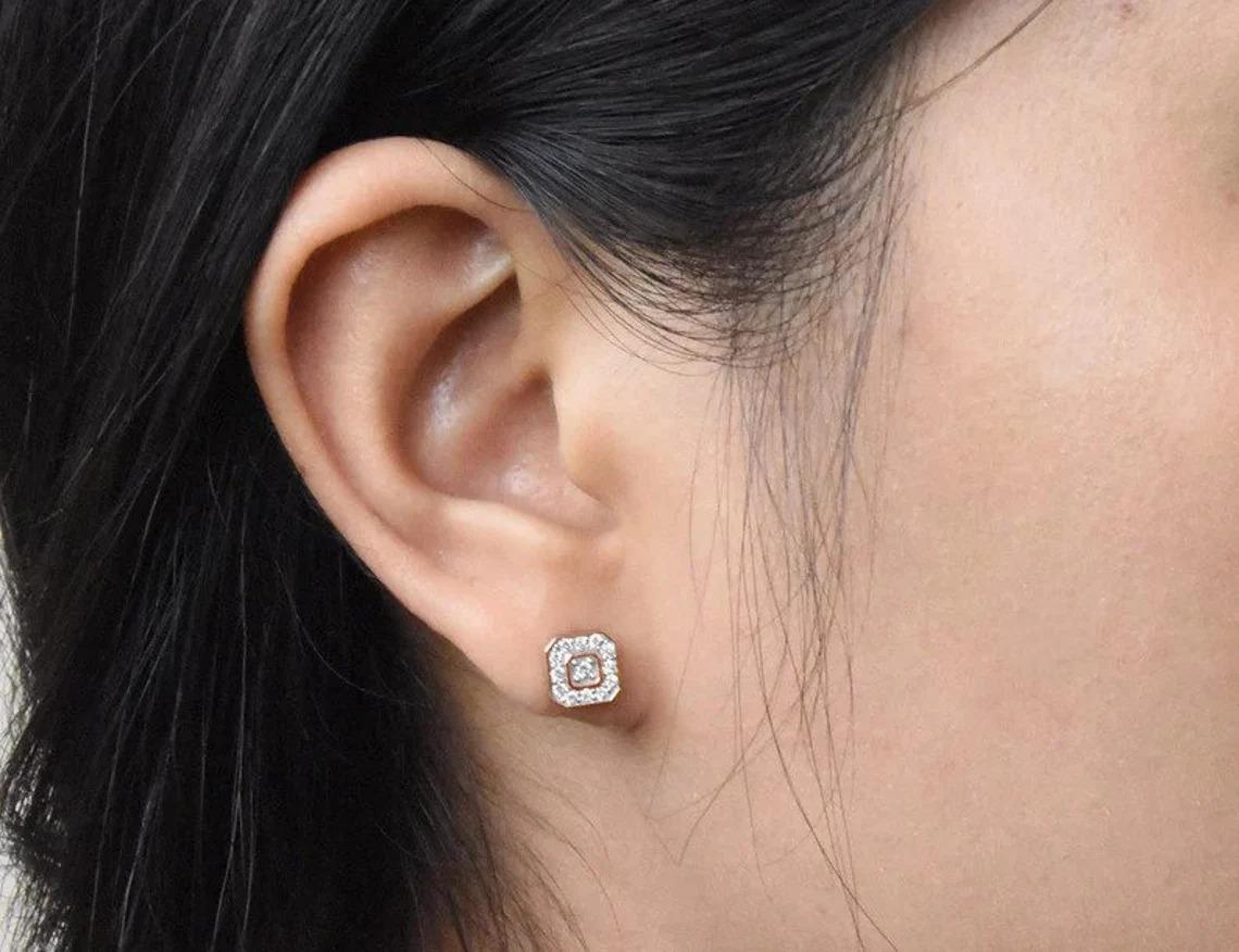 14k Gold Square Studs Diamond Emerald Cut Stud Earrings Diamond Cluster Stud For Sale 2
