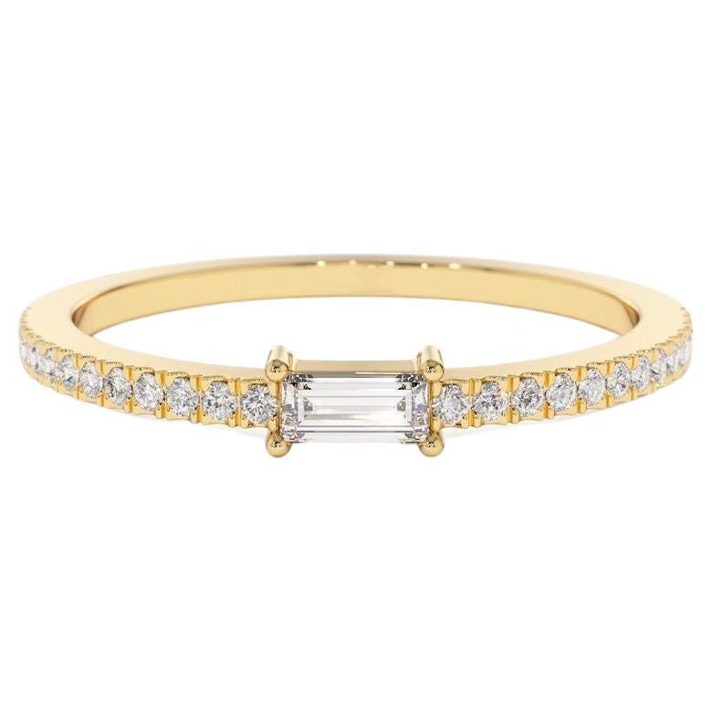 14k Gold Stackable Baguette Diamond Ring with Pave Diamond / Dainty Diamond Ring For Sale