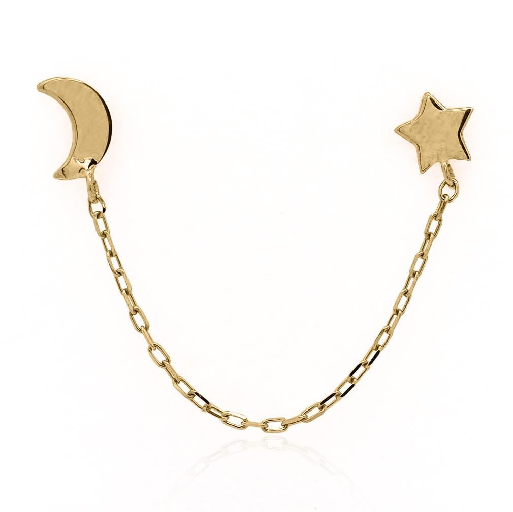 14K Gold Star and Moon with Connecting Chain Double Stud Earrings For Sale 5