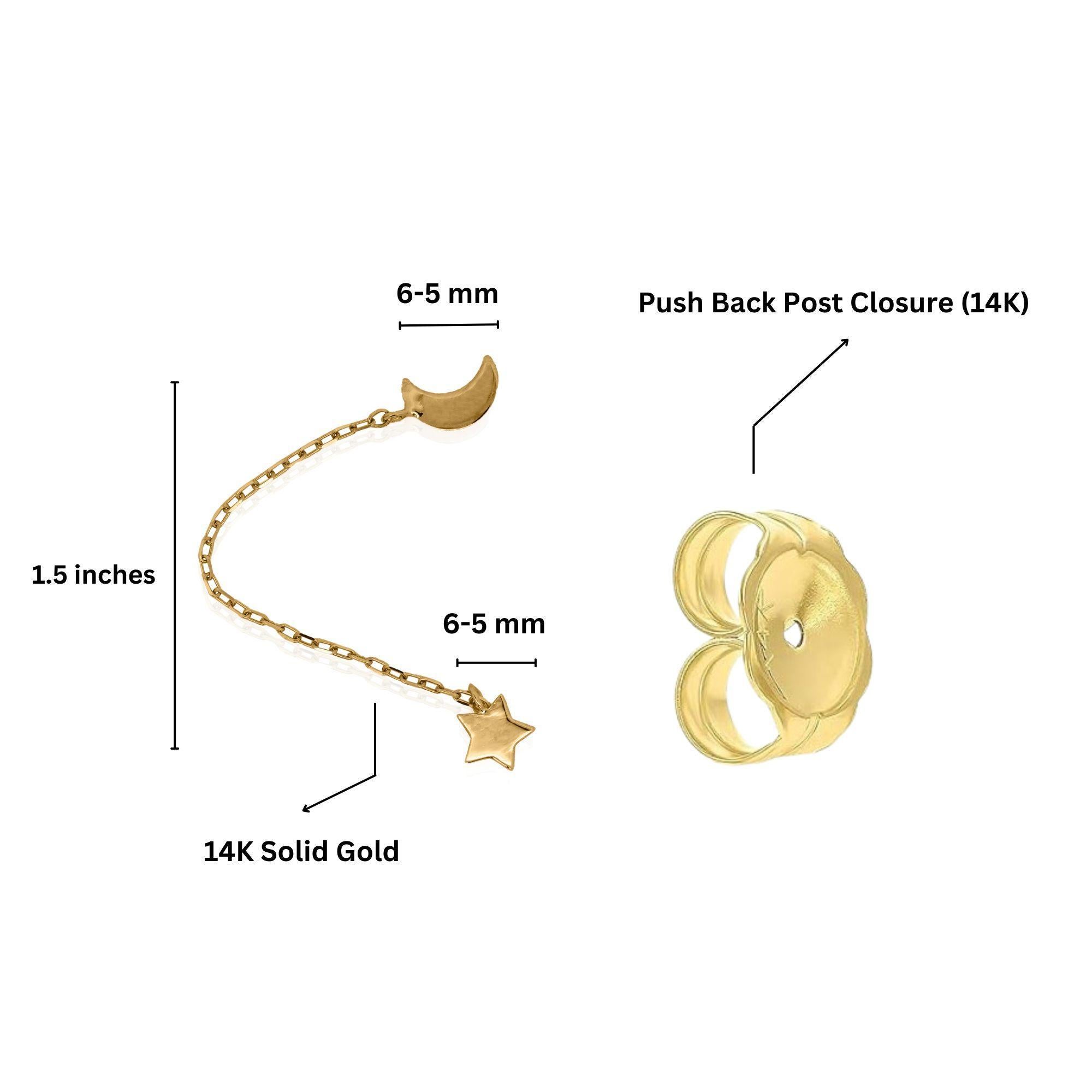 Modern 14K Gold Star and Moon with Connecting Chain Double Stud Earrings For Sale