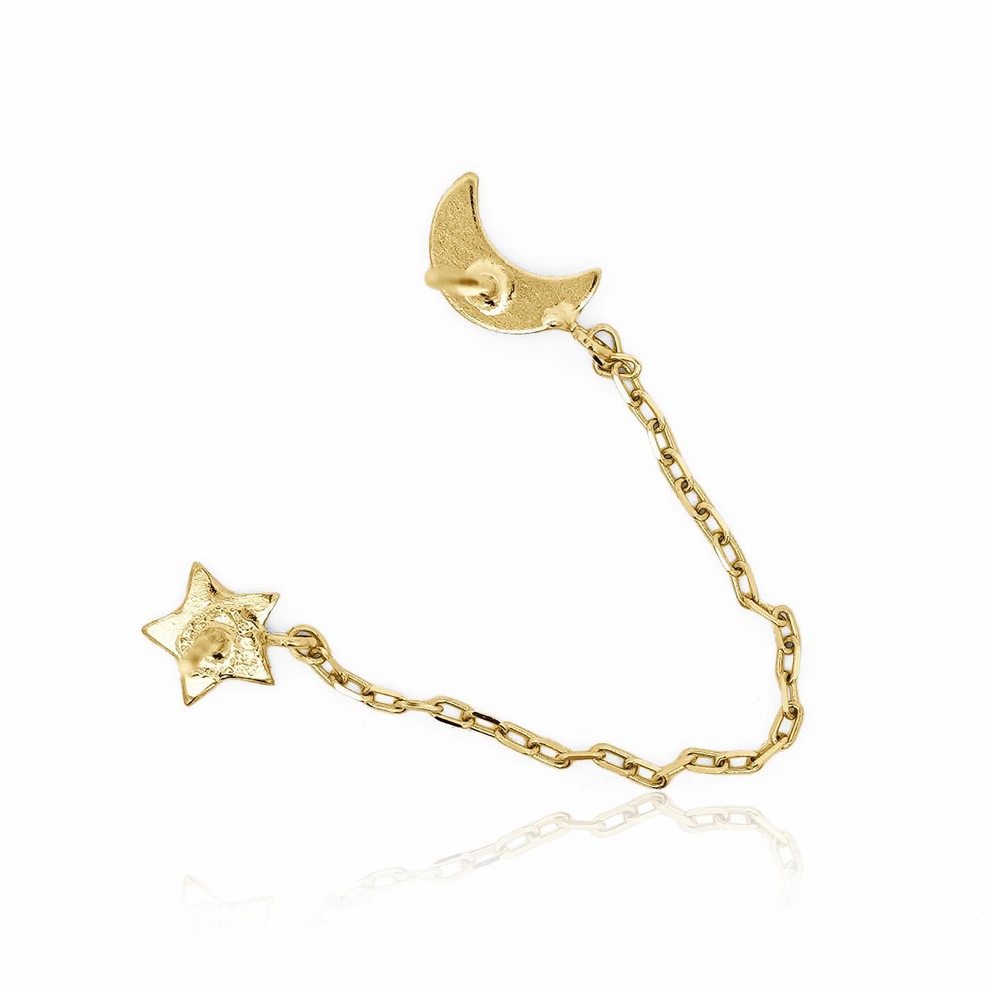 Women's 14K Gold Star and Moon with Connecting Chain Double Stud Earrings For Sale