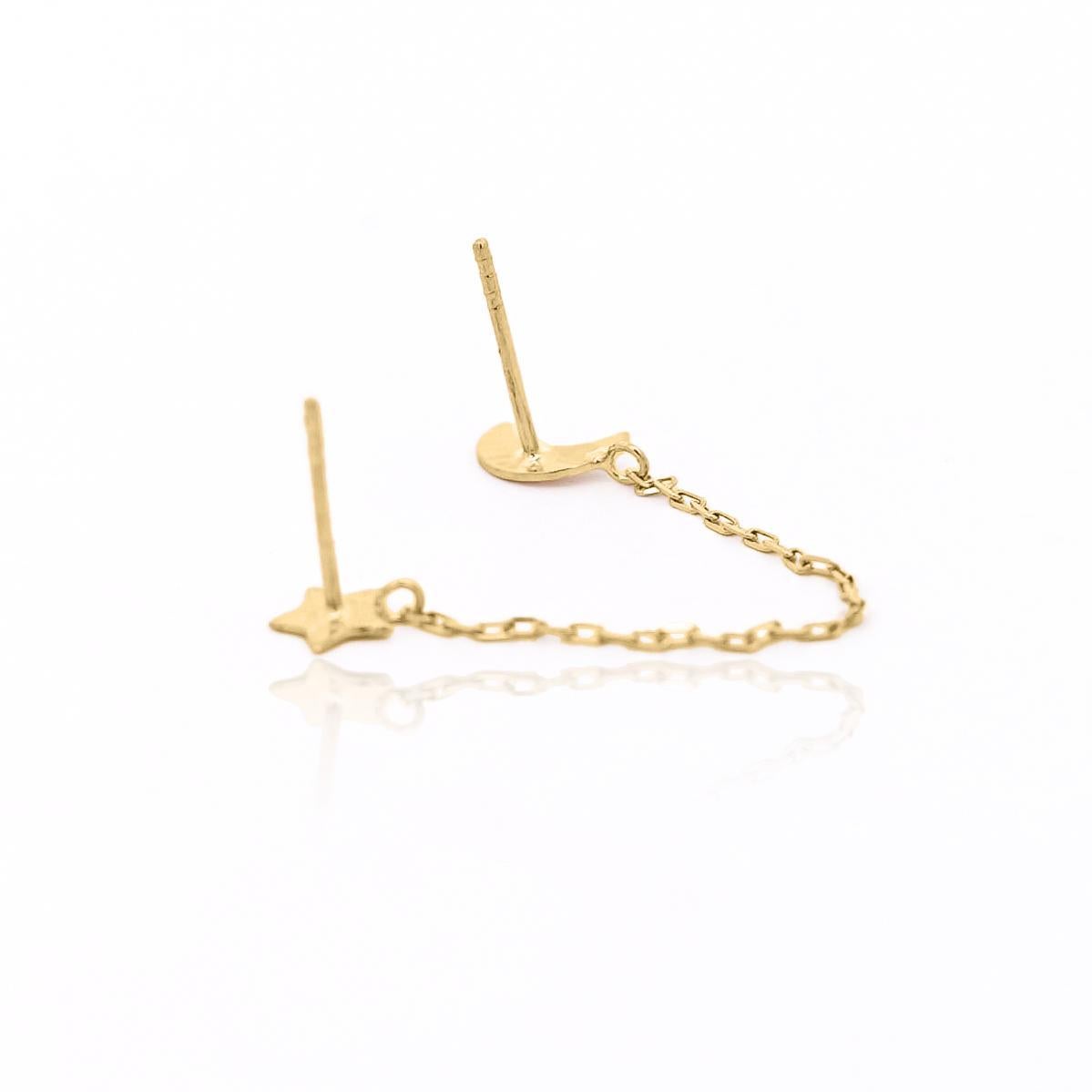14K Gold Star and Moon with Connecting Chain Double Stud Earrings For Sale 1