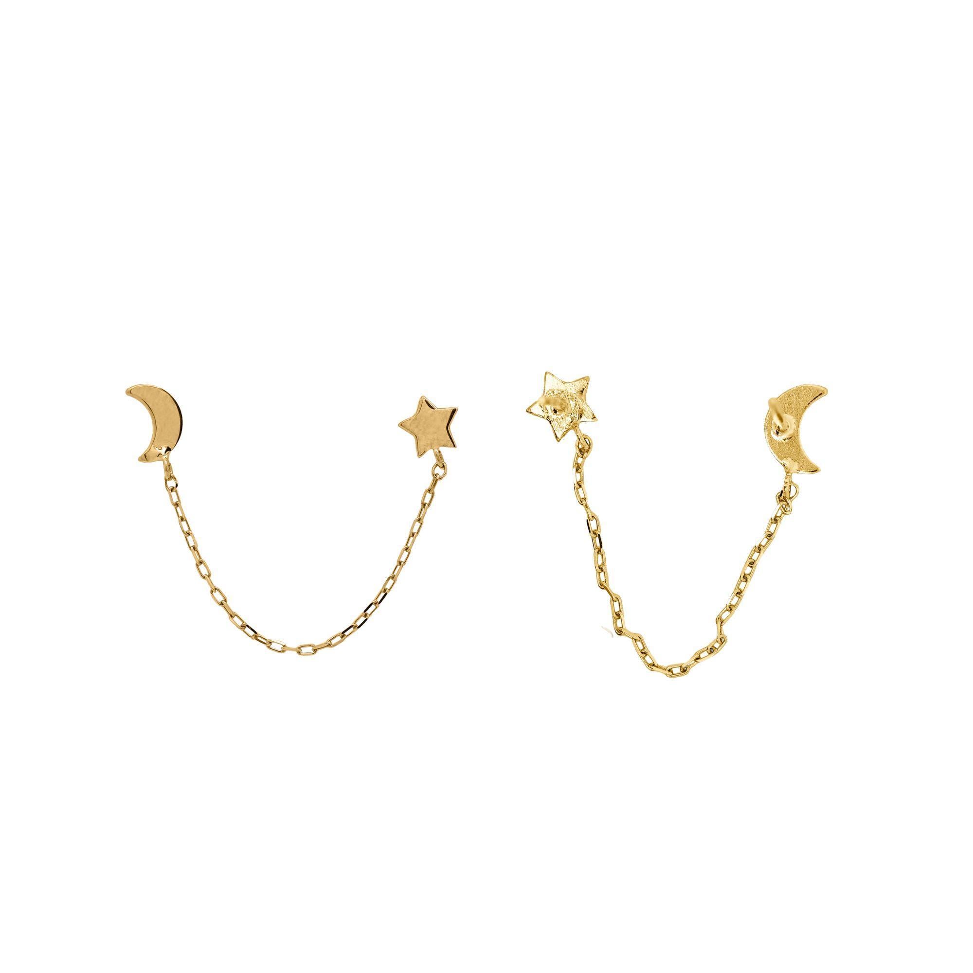 14K Gold Star and Moon with Connecting Chain Double Stud Earrings For Sale 2