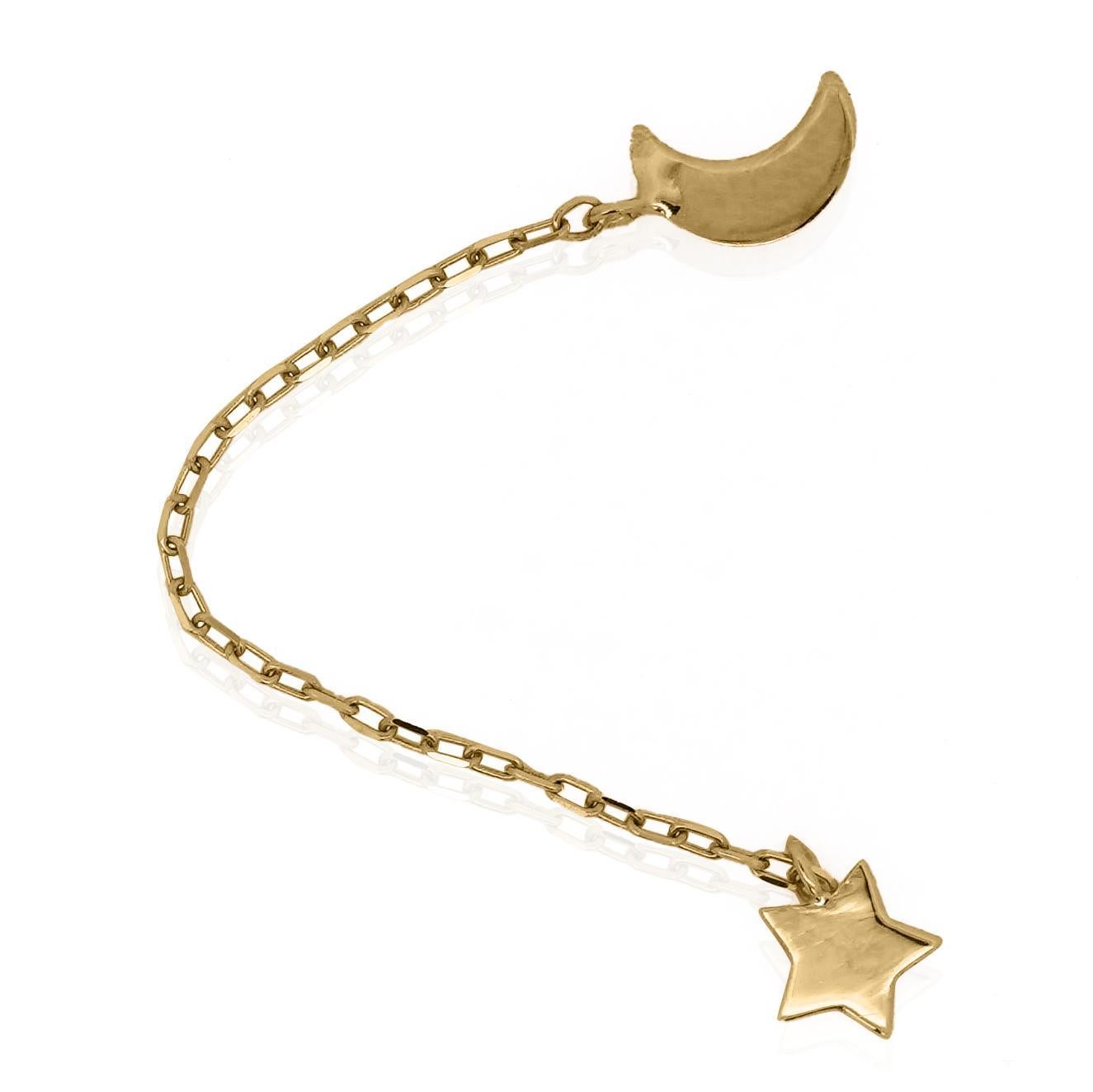 14K Gold Star and Moon with Connecting Chain Double Stud Earrings For Sale 3