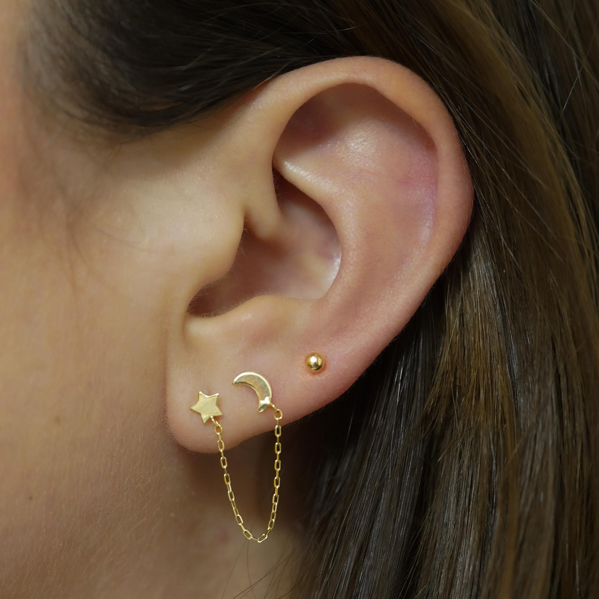 14K Gold Star and Moon with Connecting Chain Double Stud Earrings For Sale 4