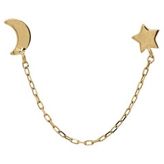 14K Gold Star and Moon with Connecting Chain Double Stud Earrings