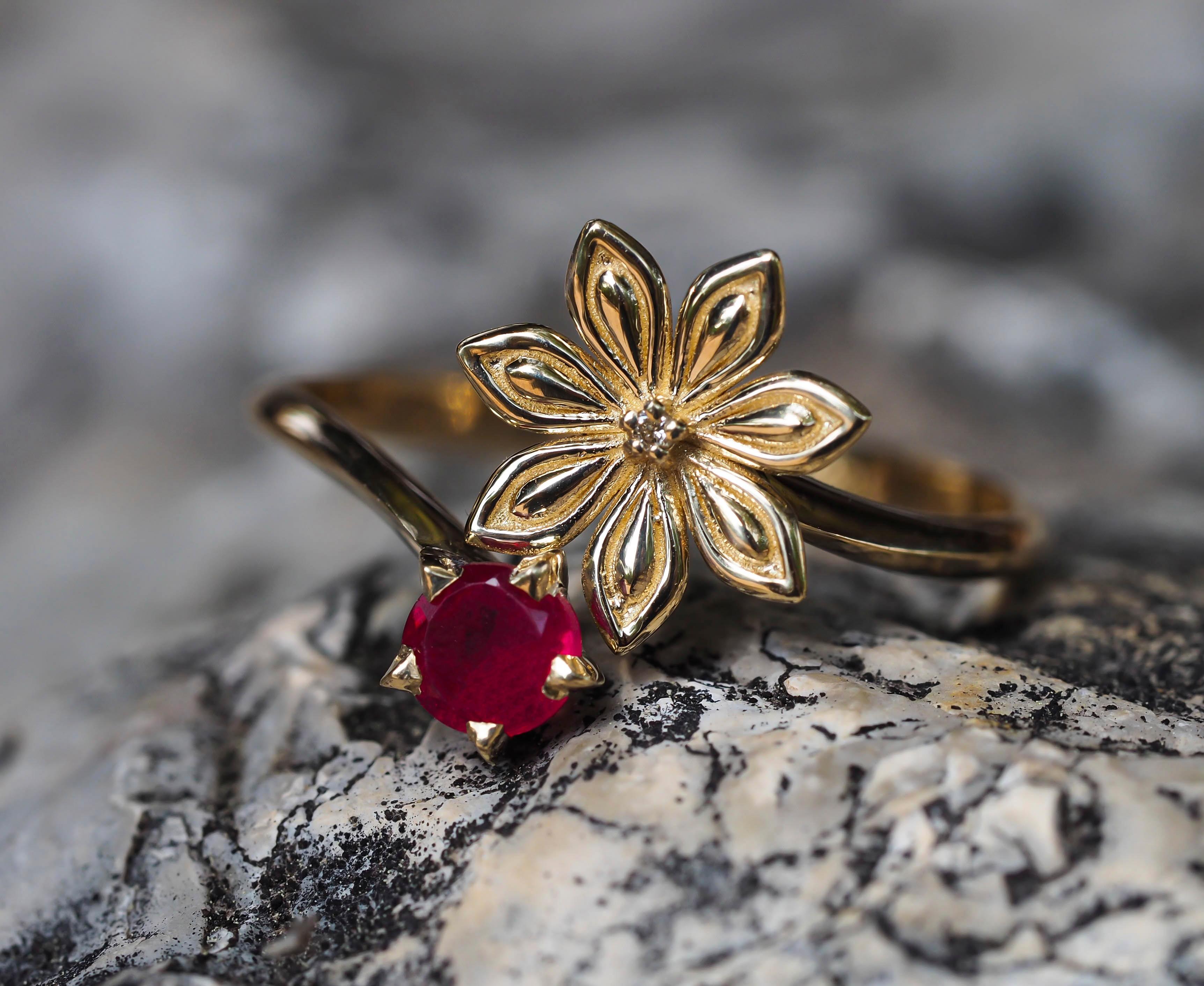 For Sale:   Ruby gold ring. 14 Karat Gold Star Anise Flower Ring. July birthstone ruby ring 2