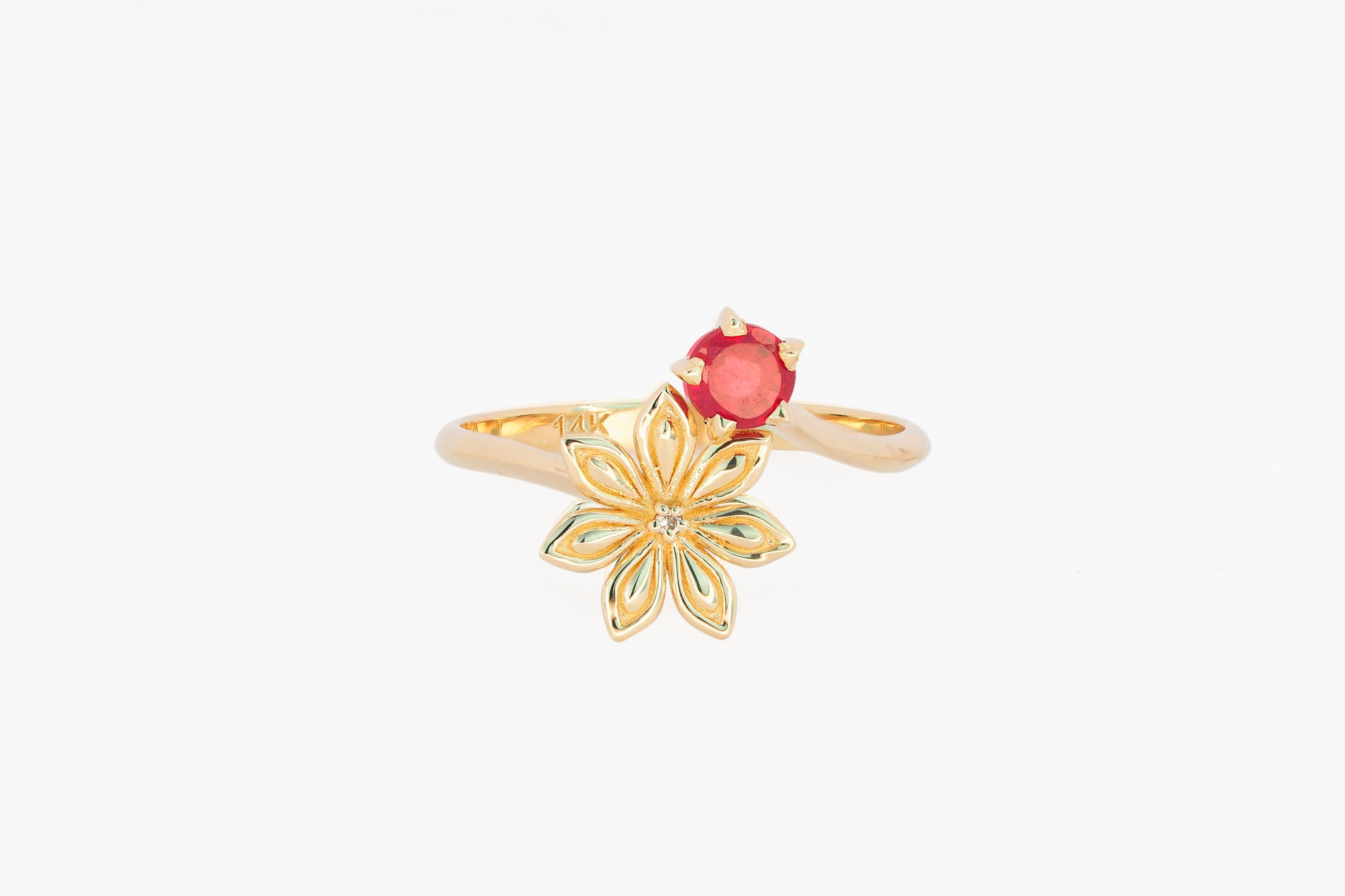 For Sale:   Ruby gold ring. 14 Karat Gold Star Anise Flower Ring. July birthstone ruby ring 3