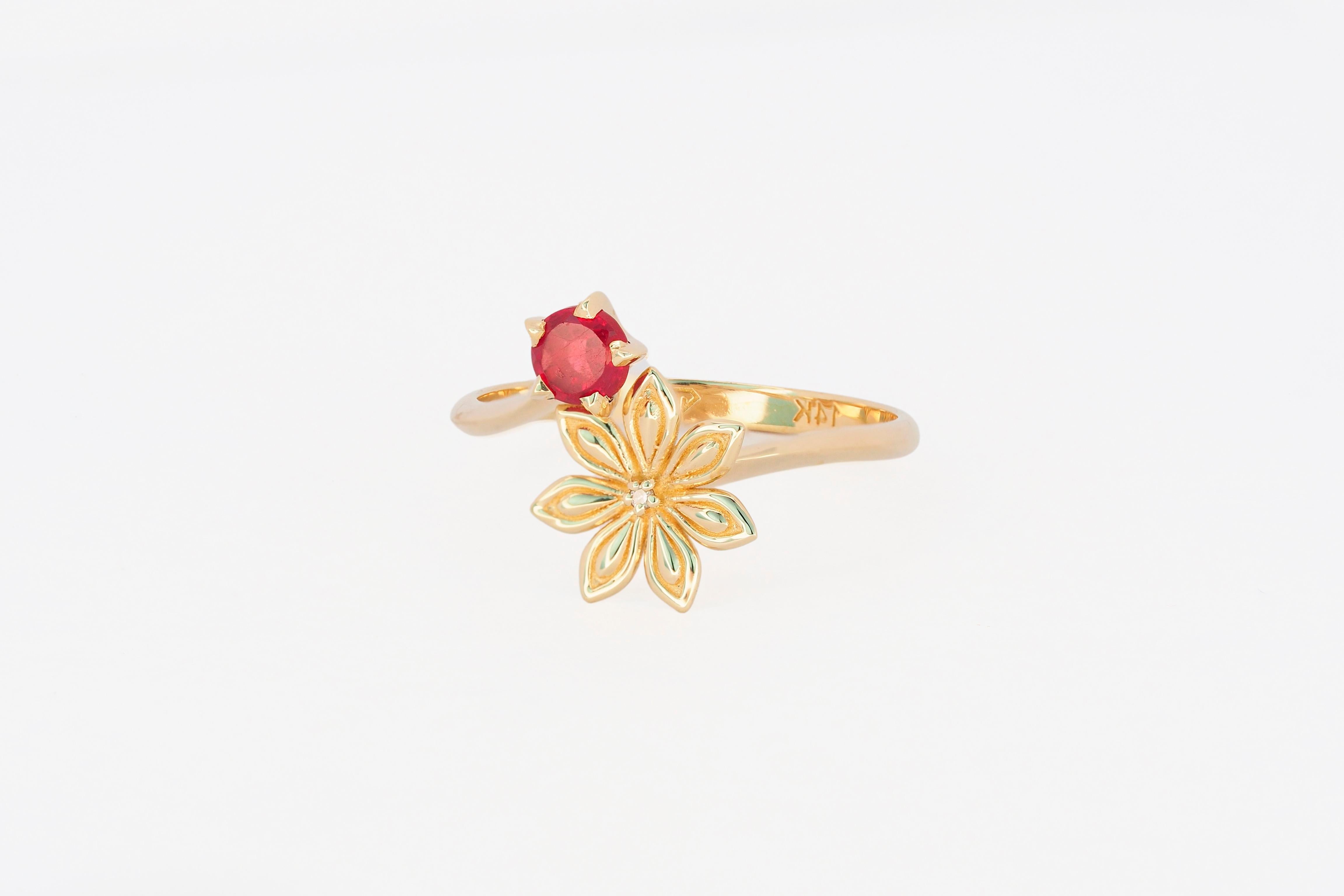 Im Angebot:  Rubin-Rubin-Gold-Ring. 14 Karat Gold Stern-Anise-Blumenring. Juli Geburtsstein Rubin Ring () 4