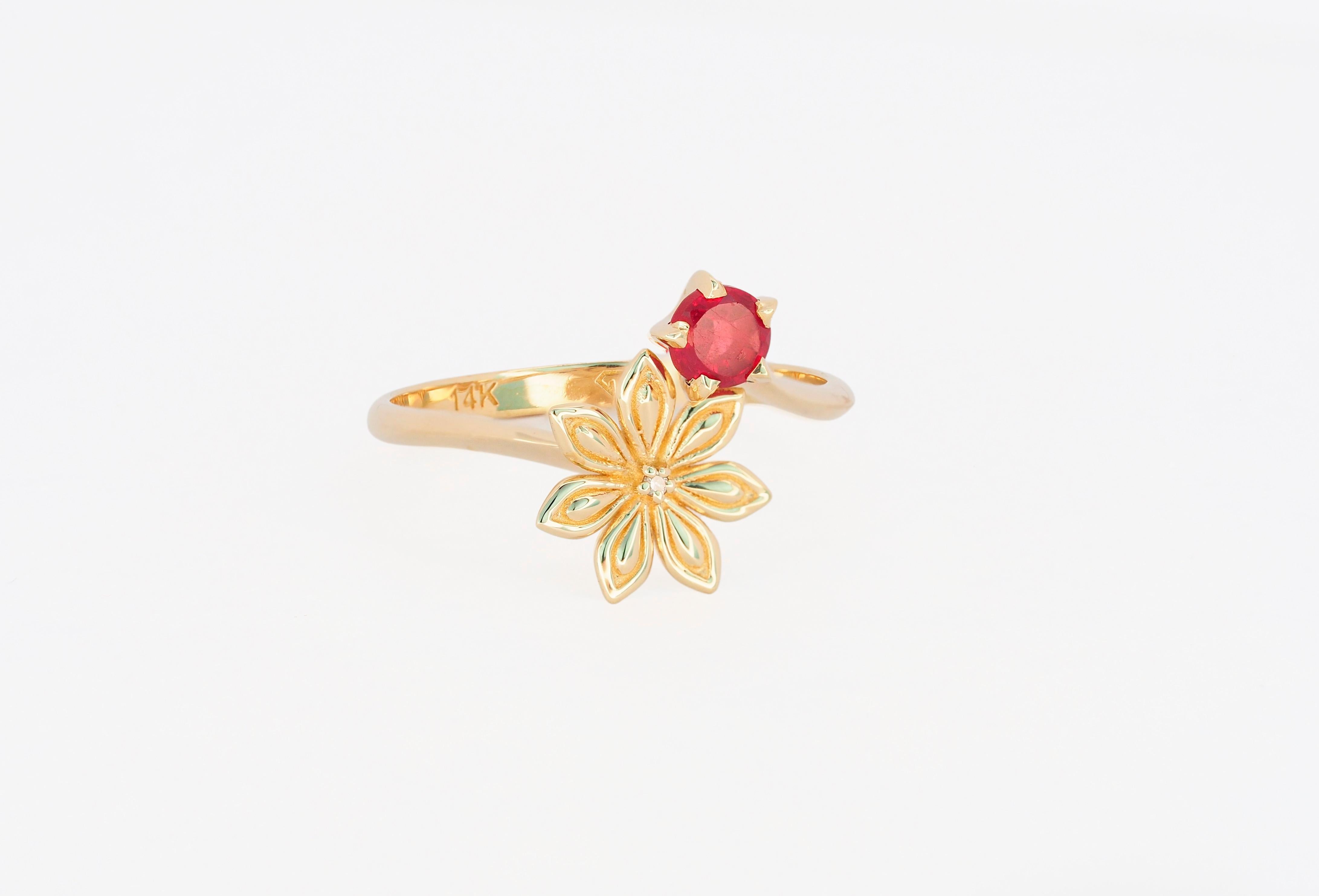 Im Angebot:  Rubin-Rubin-Gold-Ring. 14 Karat Gold Stern-Anise-Blumenring. Juli Geburtsstein Rubin Ring () 5