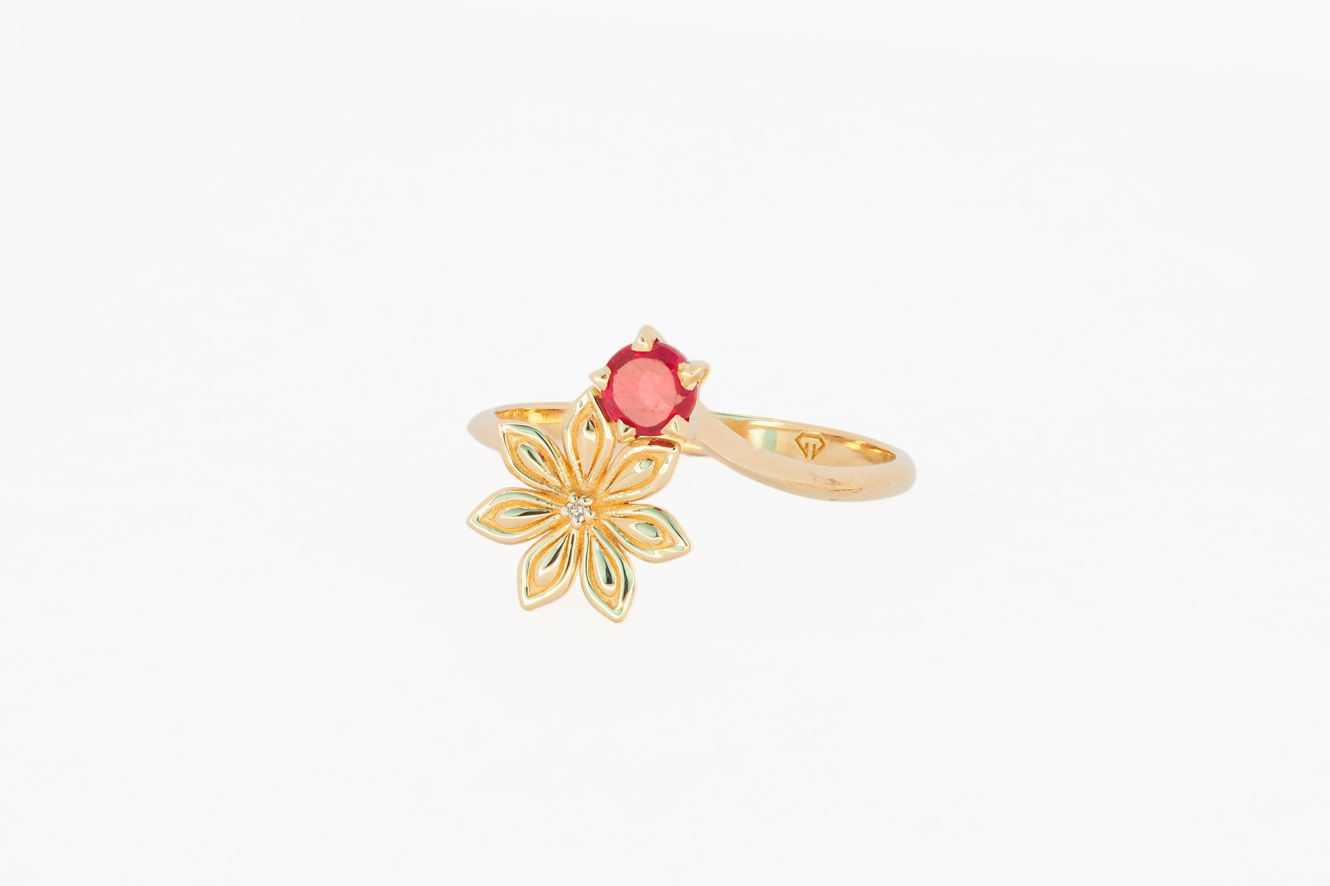 For Sale:   Ruby gold ring. 14 Karat Gold Star Anise Flower Ring. July birthstone ruby ring 6