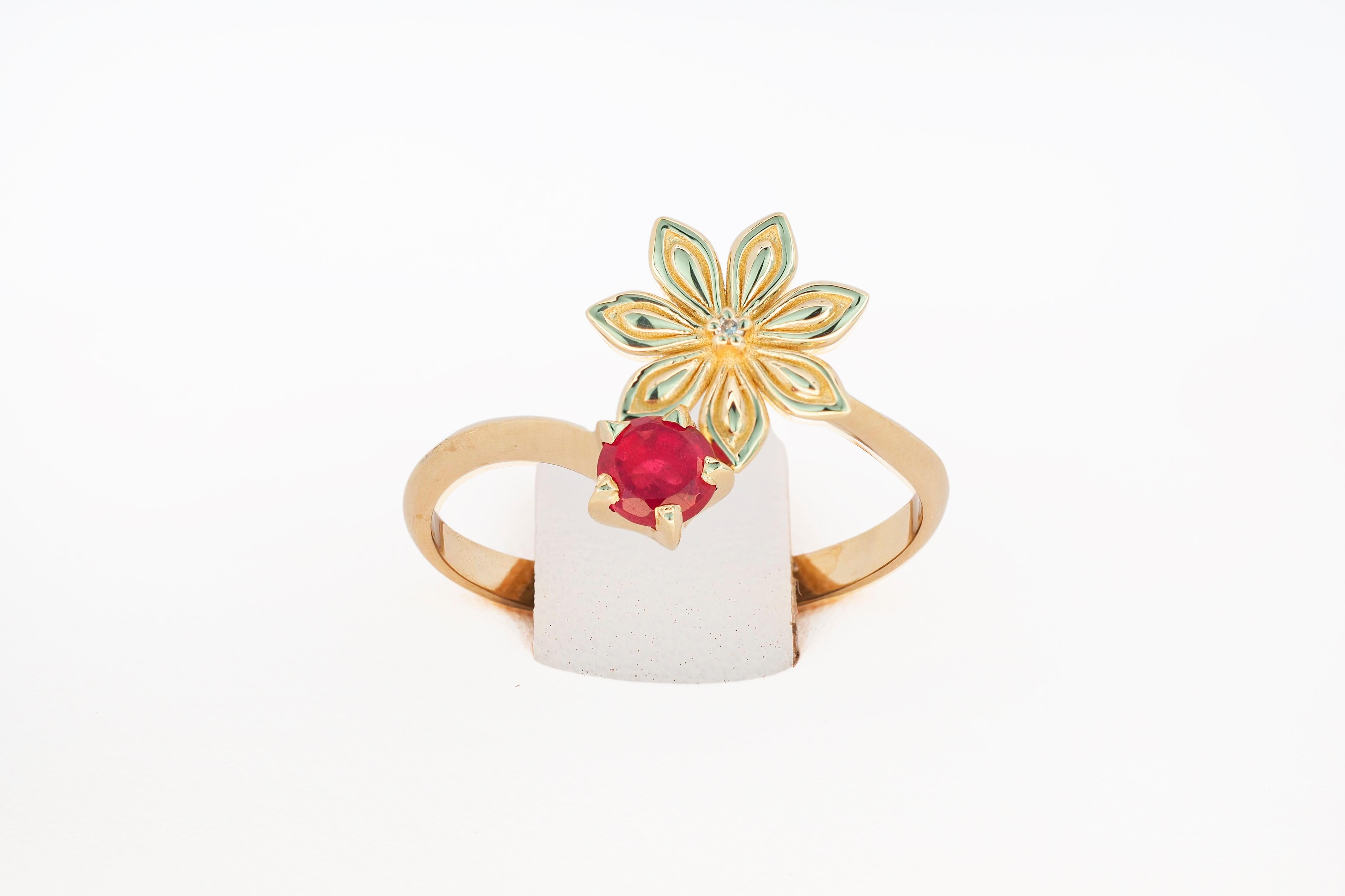 For Sale:   Ruby gold ring. 14 Karat Gold Star Anise Flower Ring. July birthstone ruby ring 7