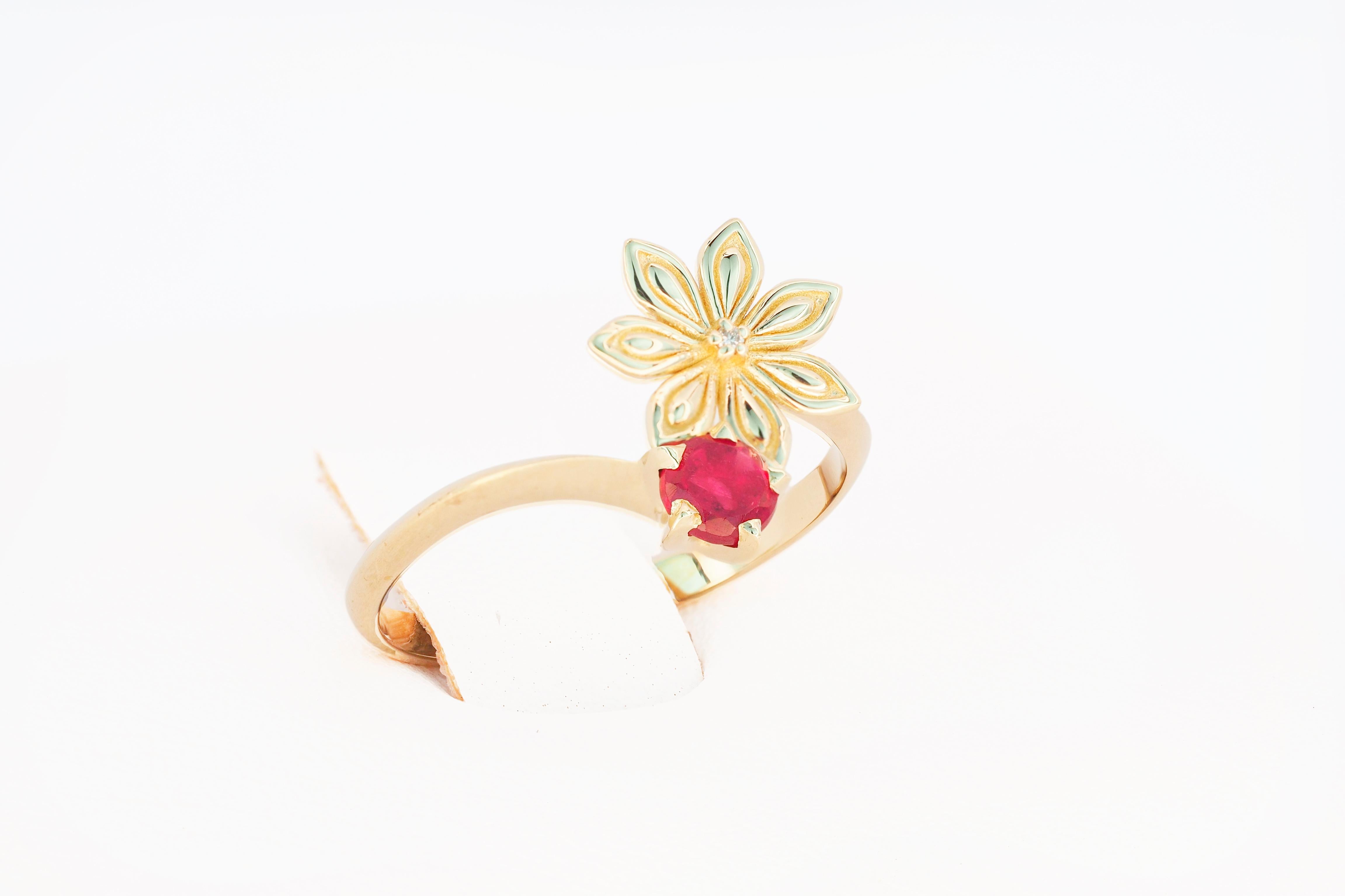 For Sale:   Ruby gold ring. 14 Karat Gold Star Anise Flower Ring. July birthstone ruby ring 8