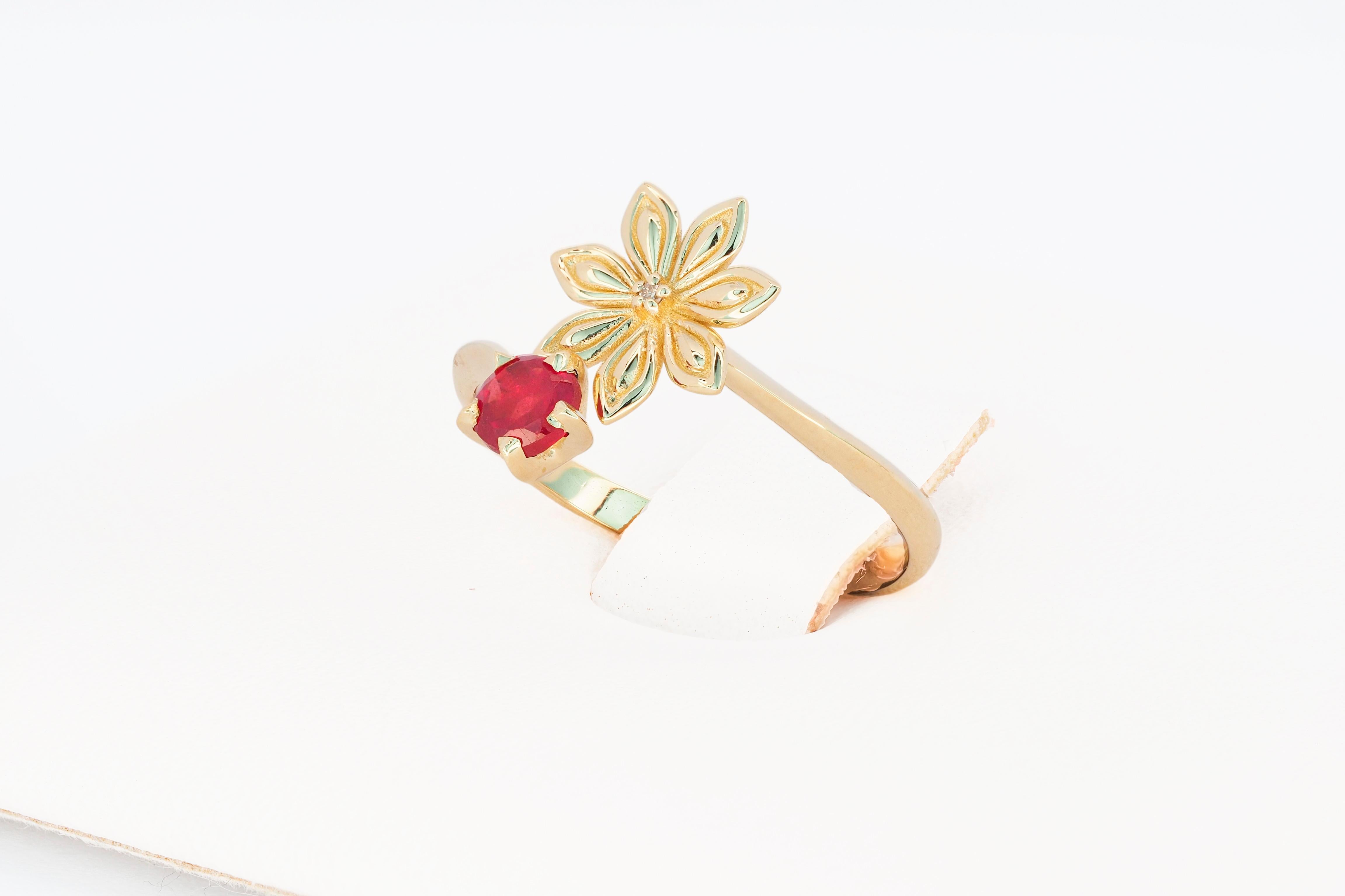 For Sale:   Ruby gold ring. 14 Karat Gold Star Anise Flower Ring. July birthstone ruby ring 9