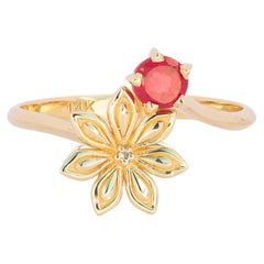 14k Gold Star Anise Flower Ring with Ruby and Diamond