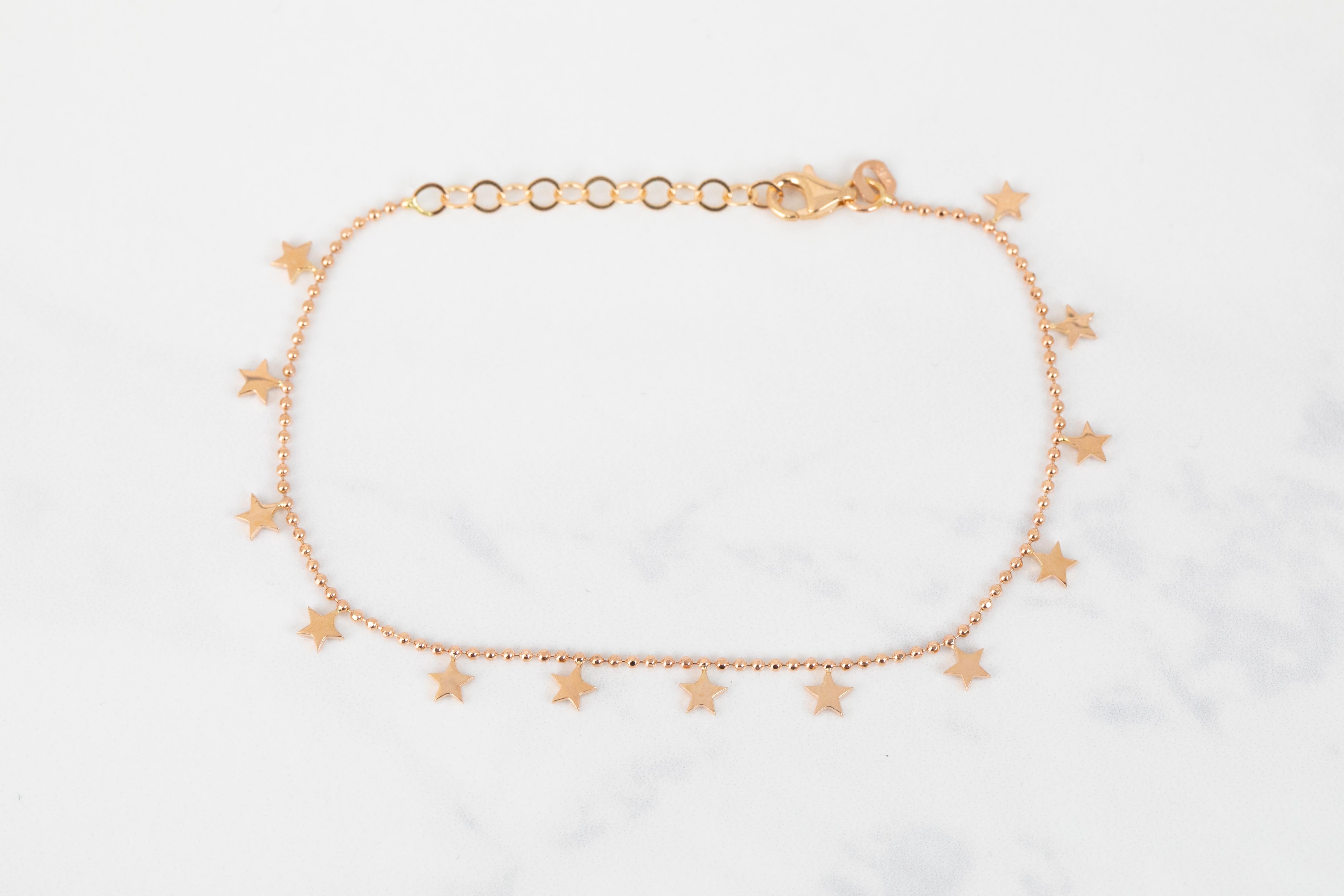 Women's 14K Gold Star Charm Beaded Bracelet, 585K Gold Beaded Chain Star Bracelet For Sale