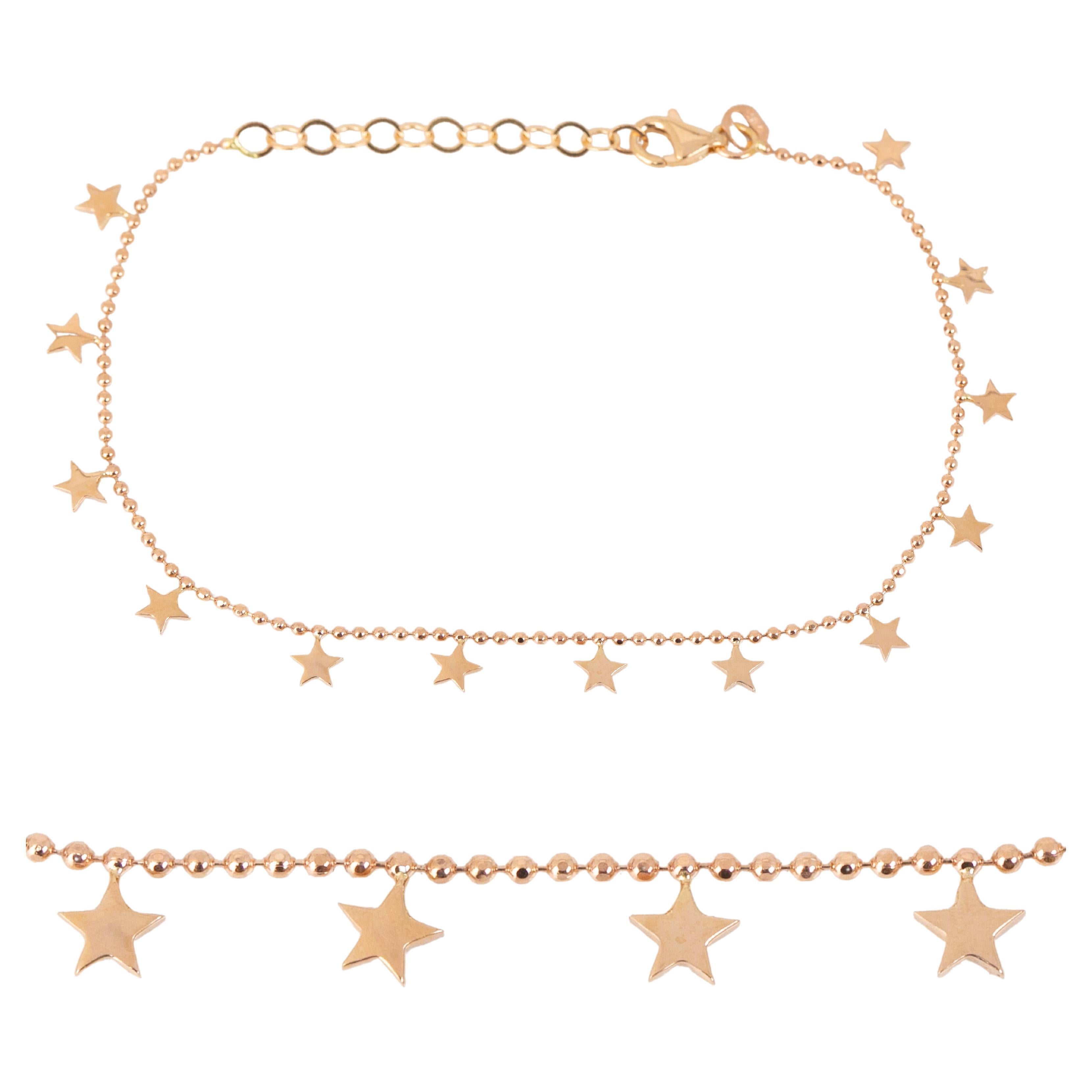 14K Gold Star Charm Beaded Bracelet, 585K Gold Beaded Chain Star Bracelet For Sale