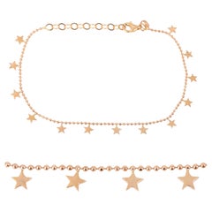 14K Gold Star Charm Beaded Bracelet, 585K Gold Beaded Chain Star Bracelet