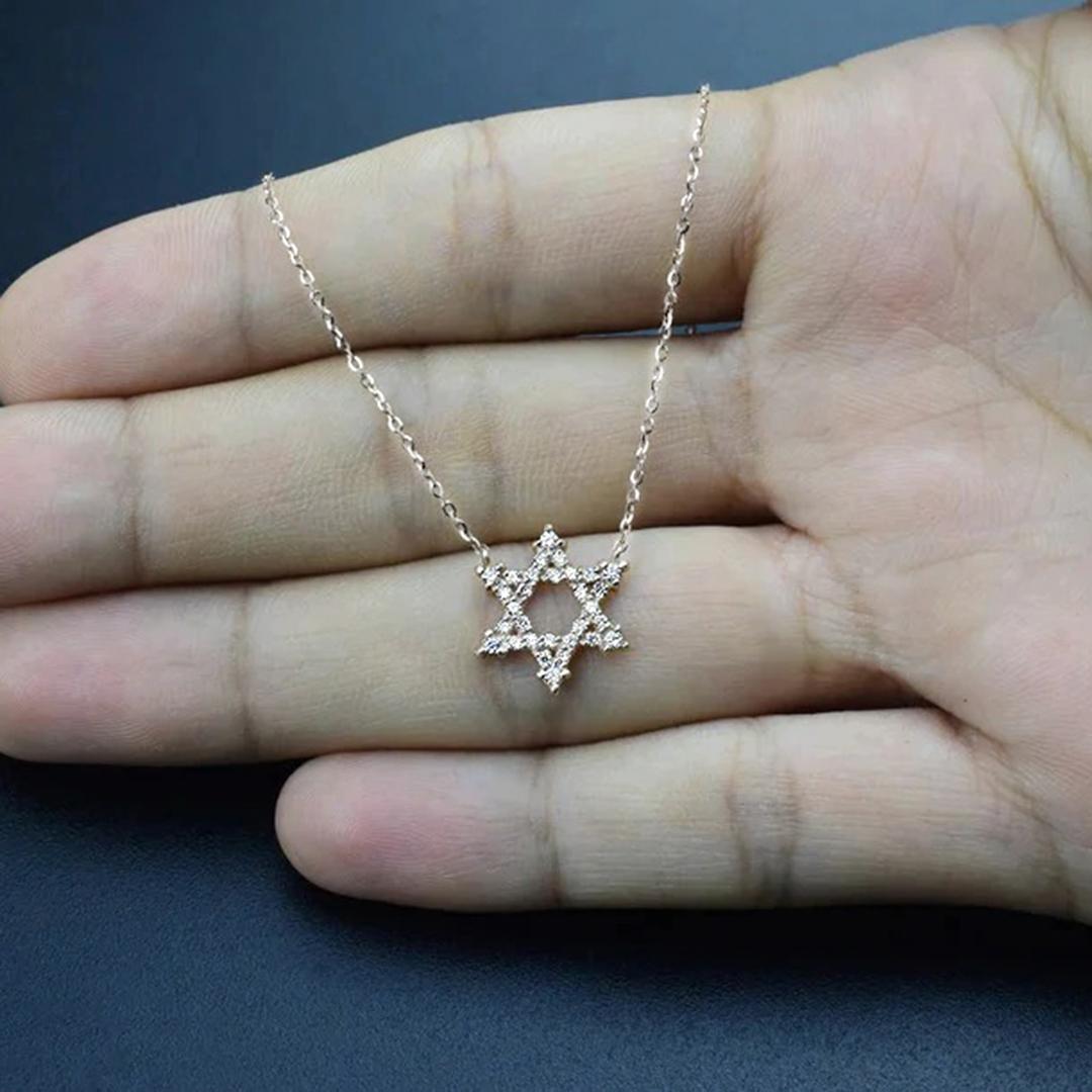 14k Gold Star of David Diamant-Halskette, religiöser Stern, Diamant, jüdisches Geschenk (Rundschliff) im Angebot