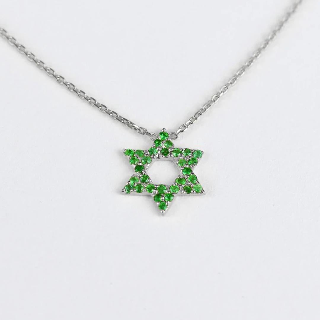 Modern 14k Gold Star of David Emerald Pendant May Birthstone Minimalist Necklace For Sale