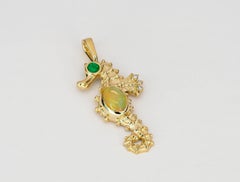 14k Gold Sea Horse Pendant with Opal, Emerald and Diamonds
