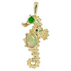 14k Gold Starfish Pendant with Opal, Emerald and Diamonds