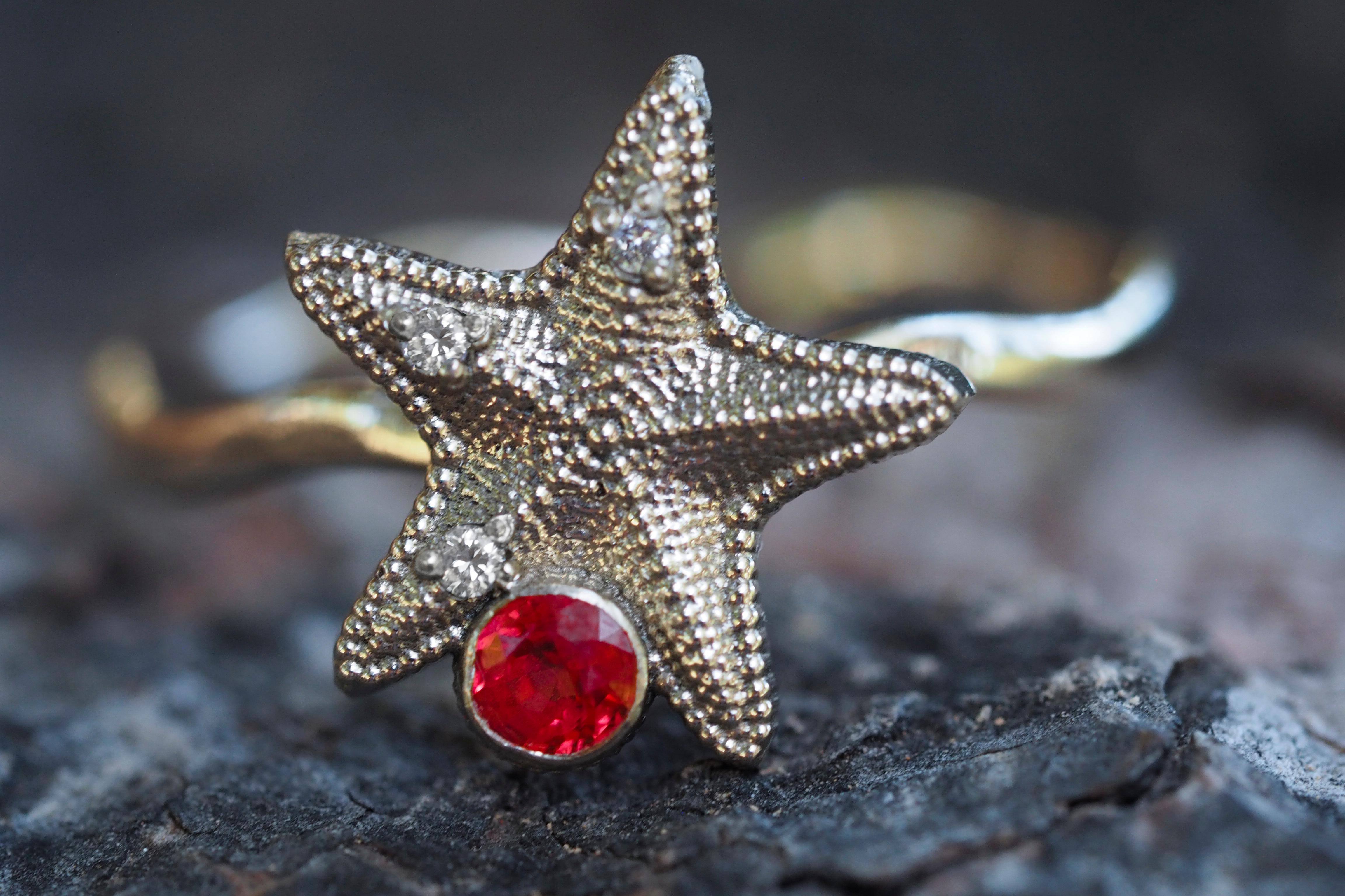 For Sale:  14k Gold Starfish Ring with Orange Sapphire and Diamonds 10