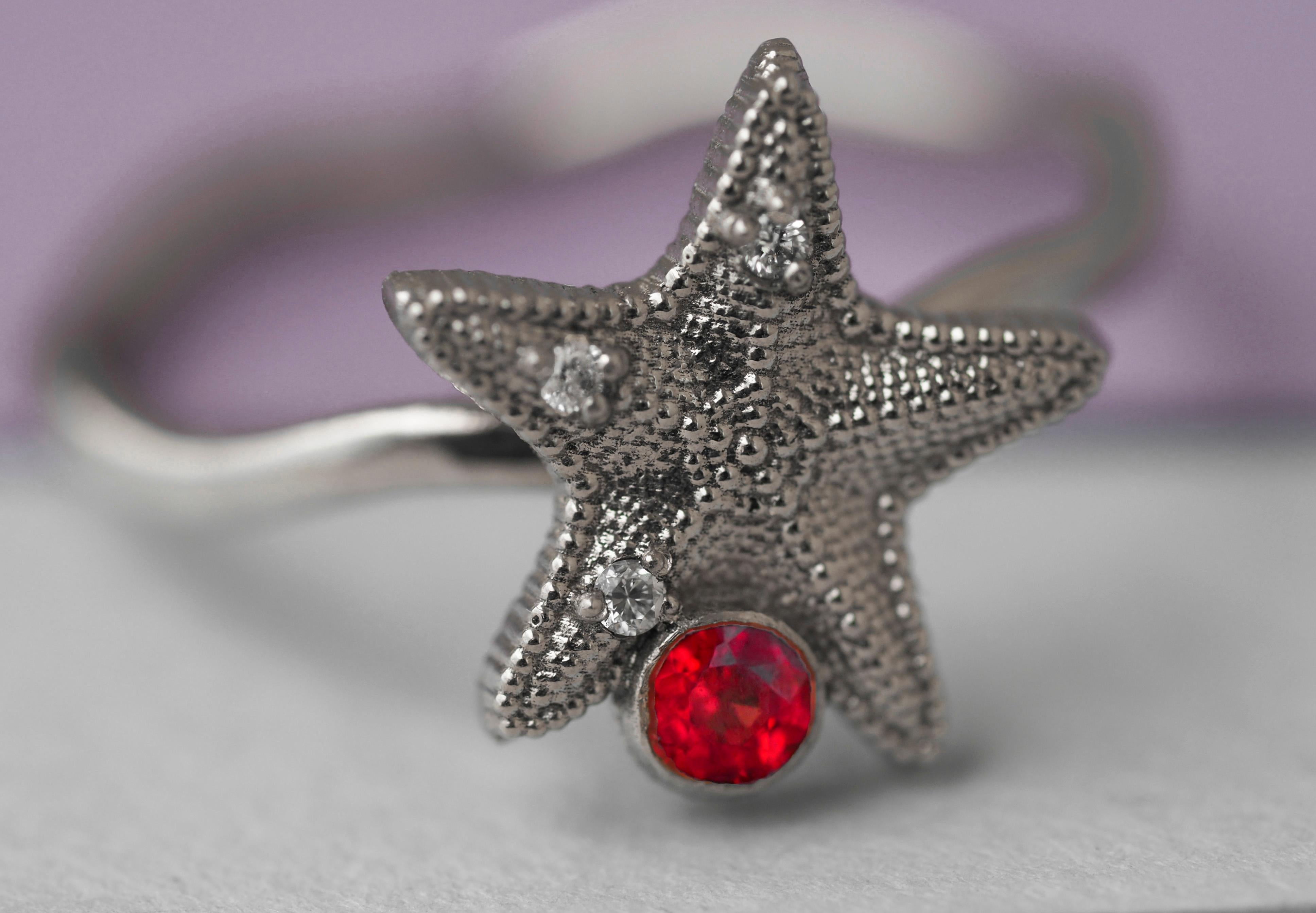 For Sale:  14k Gold Starfish Ring with Orange Sapphire and Diamonds 2