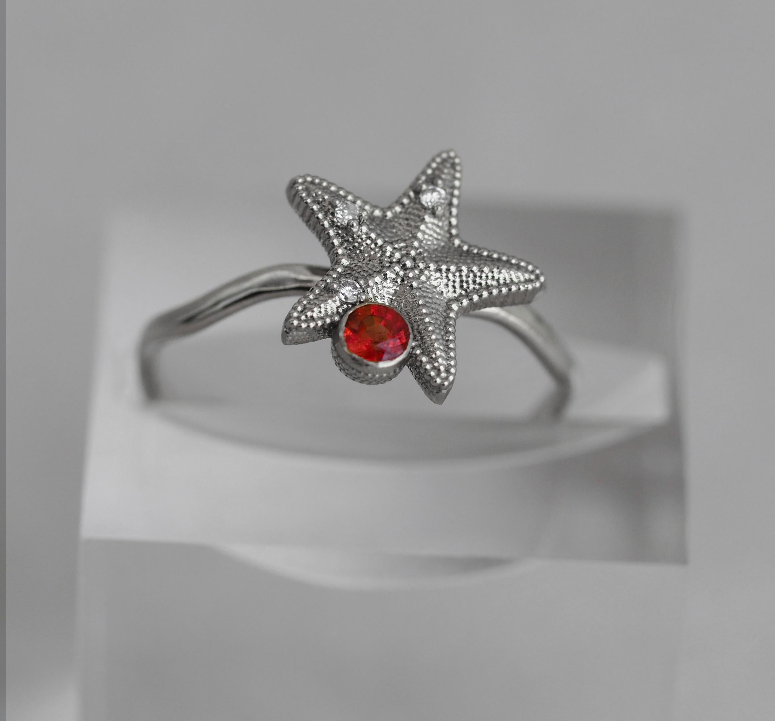 For Sale:  14k Gold Starfish Ring with Orange Sapphire and Diamonds 5