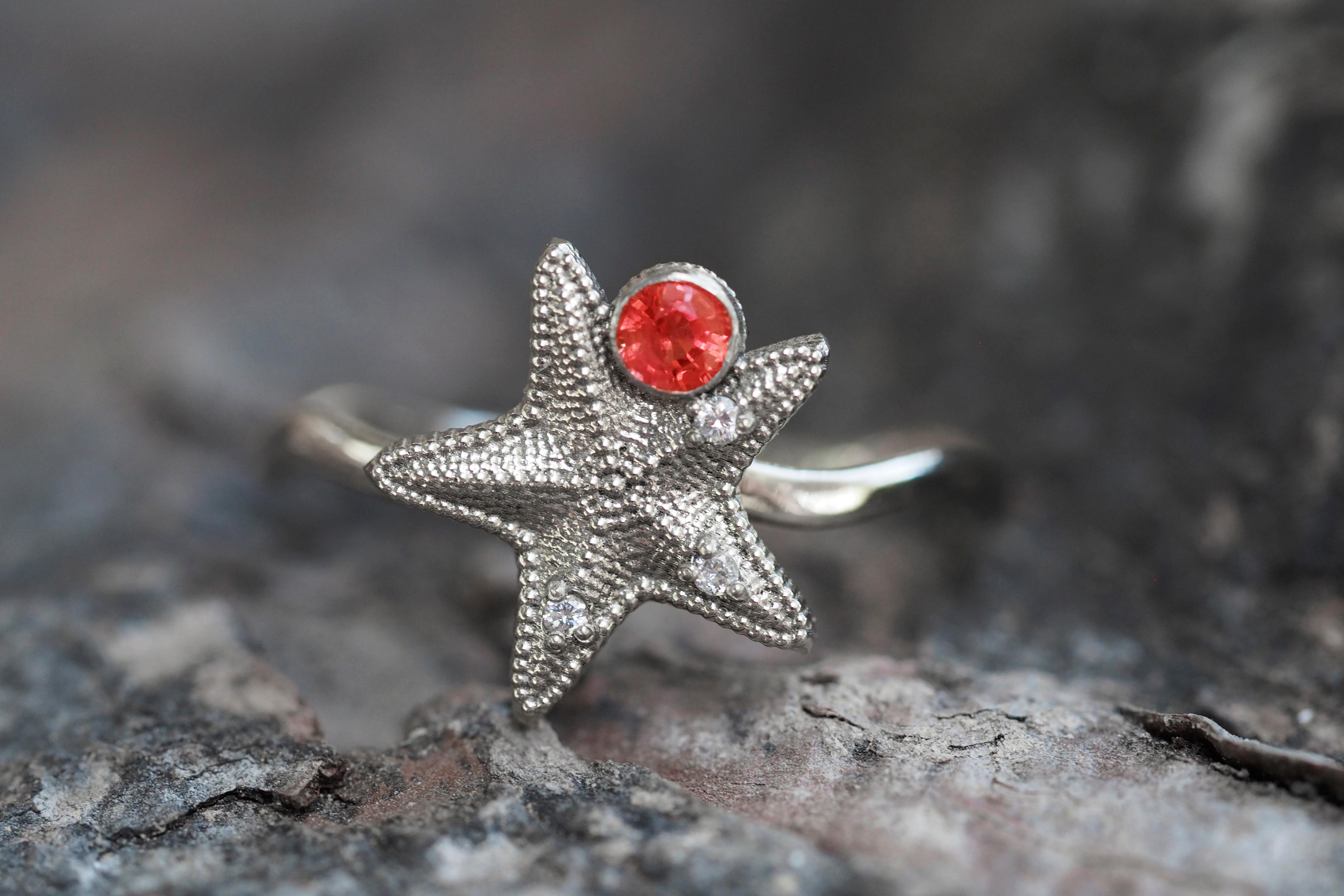 For Sale:  14k Gold Starfish Ring with Orange Sapphire and Diamonds 8