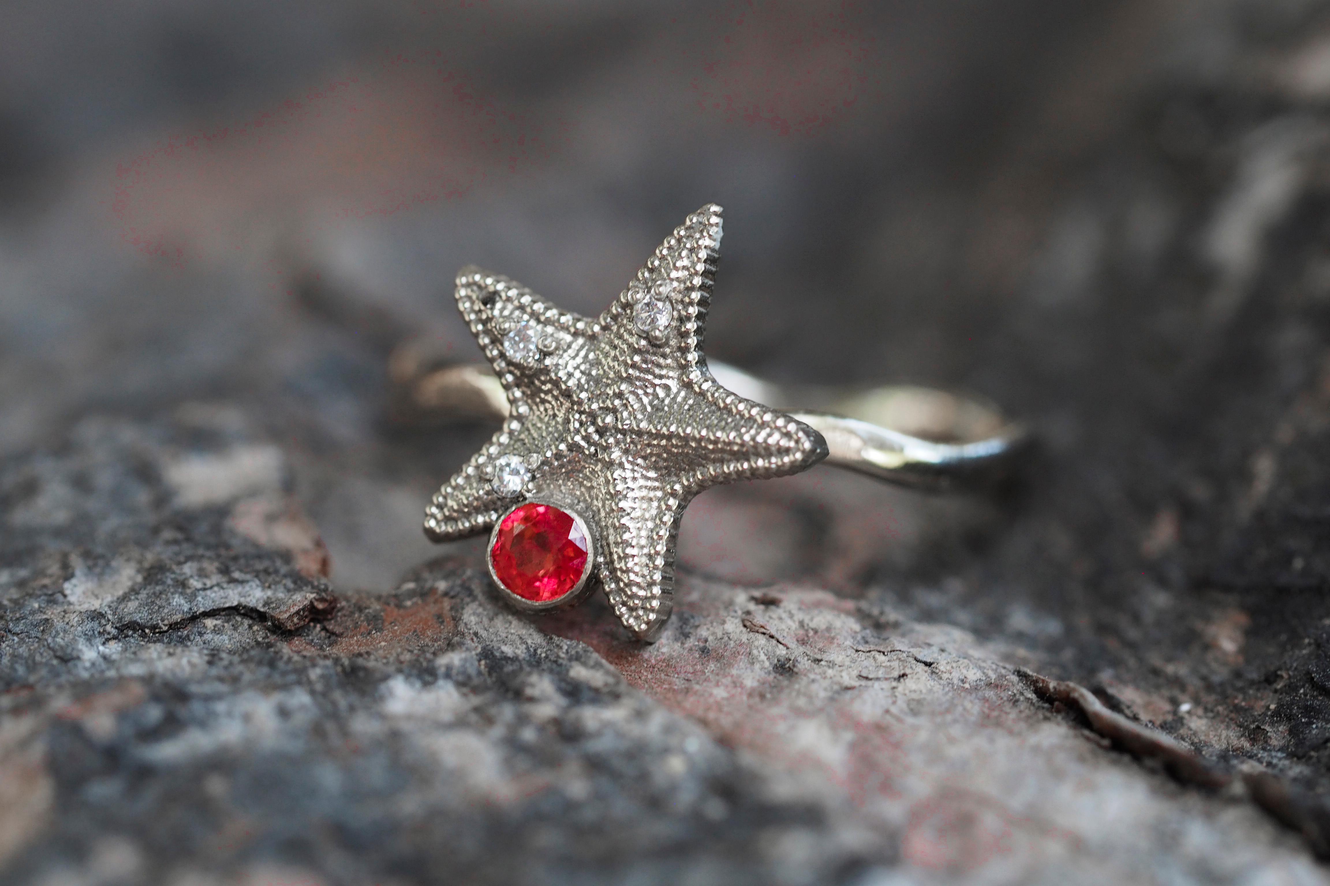 For Sale:  14k Gold Starfish Ring with Orange Sapphire and Diamonds 9