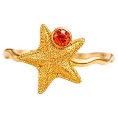 14k Gold Starfish Ring with Orange Sapphire and Diamonds