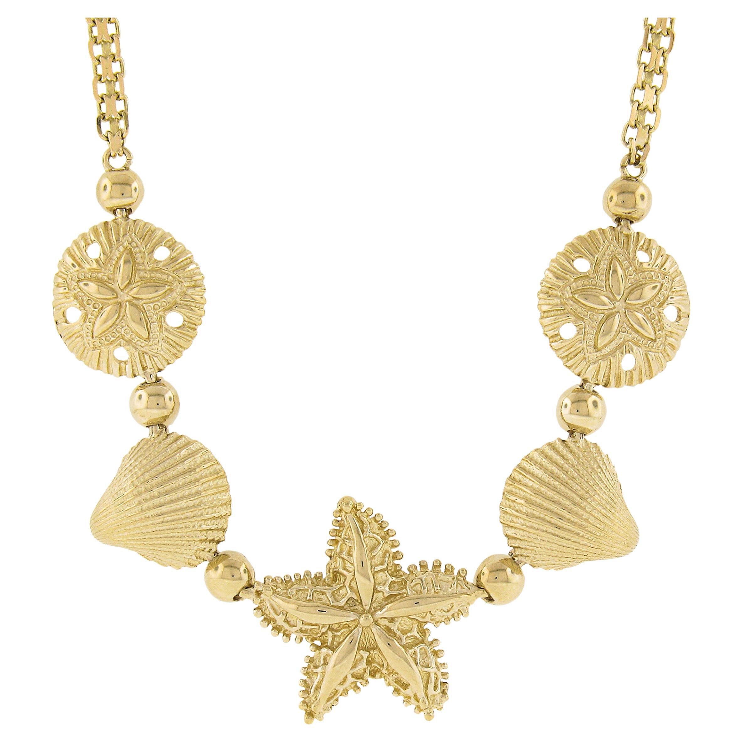 14k Gold Starfish Seashell Sandstar Textured Bismark 20" Chain Necklace Pendant