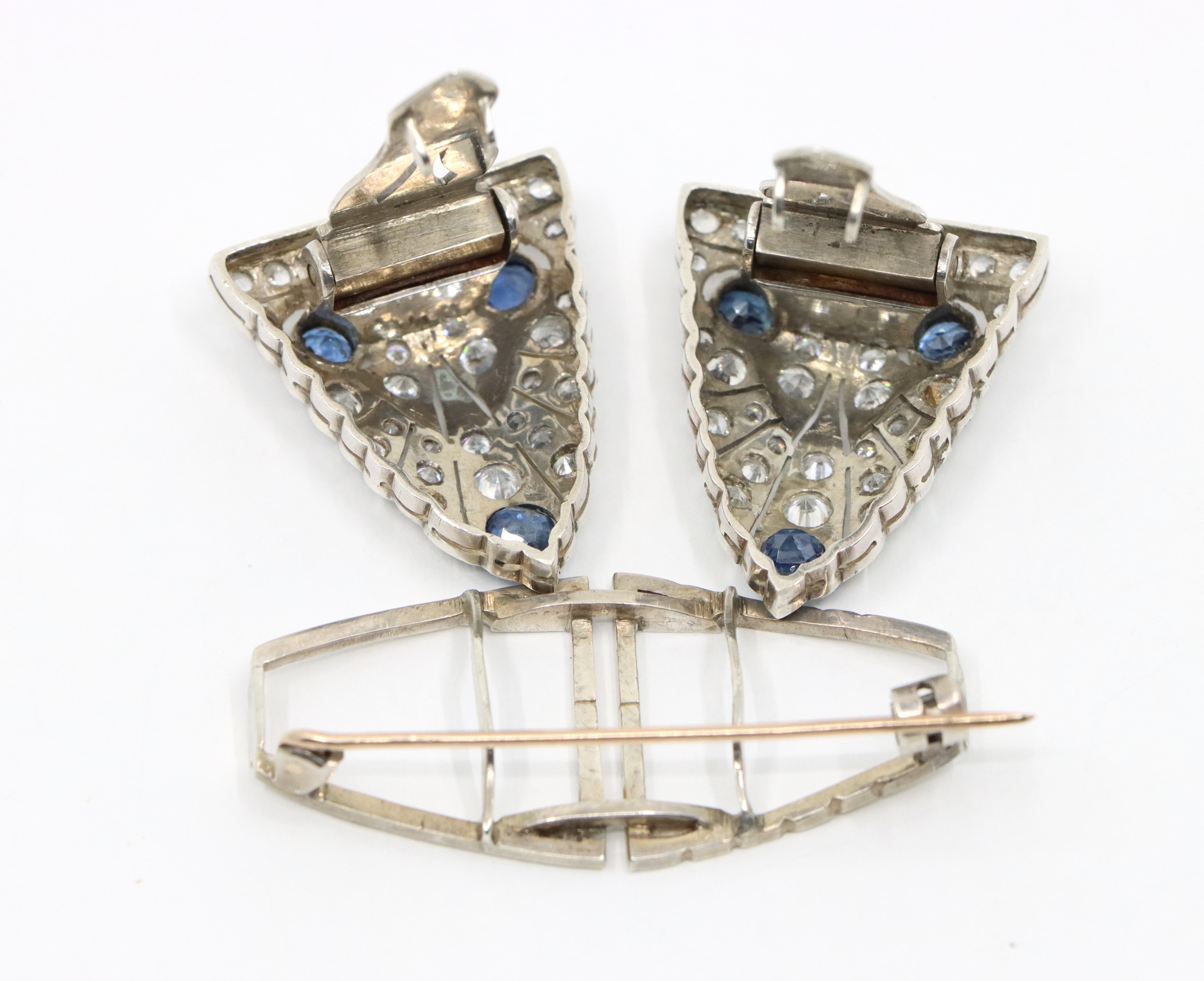 14K Gold & Sterling Blue White Sapphire Clips Brooch For Sale 5