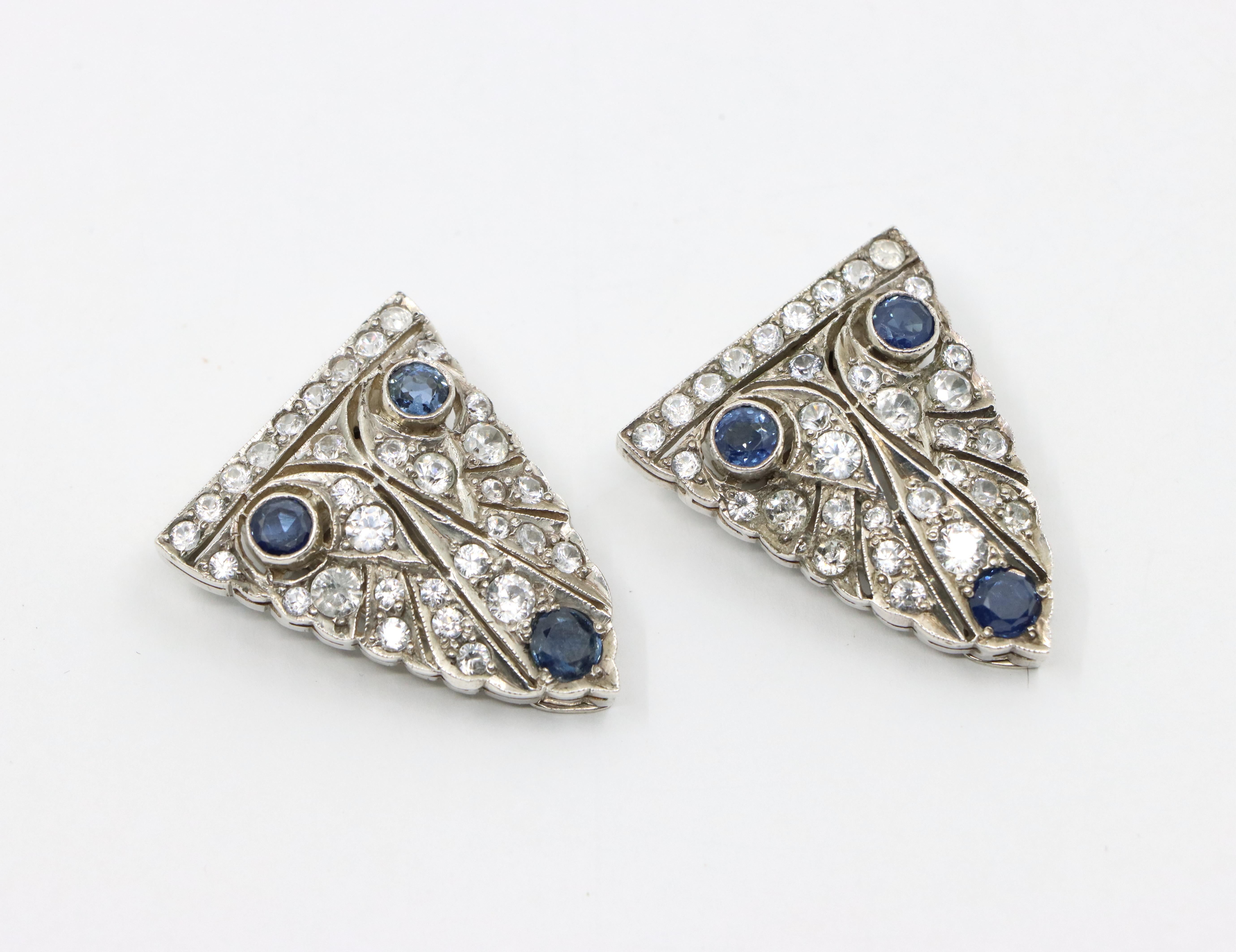 14K Gold & Sterling Blue White Sapphire Clips Brooch For Sale 6