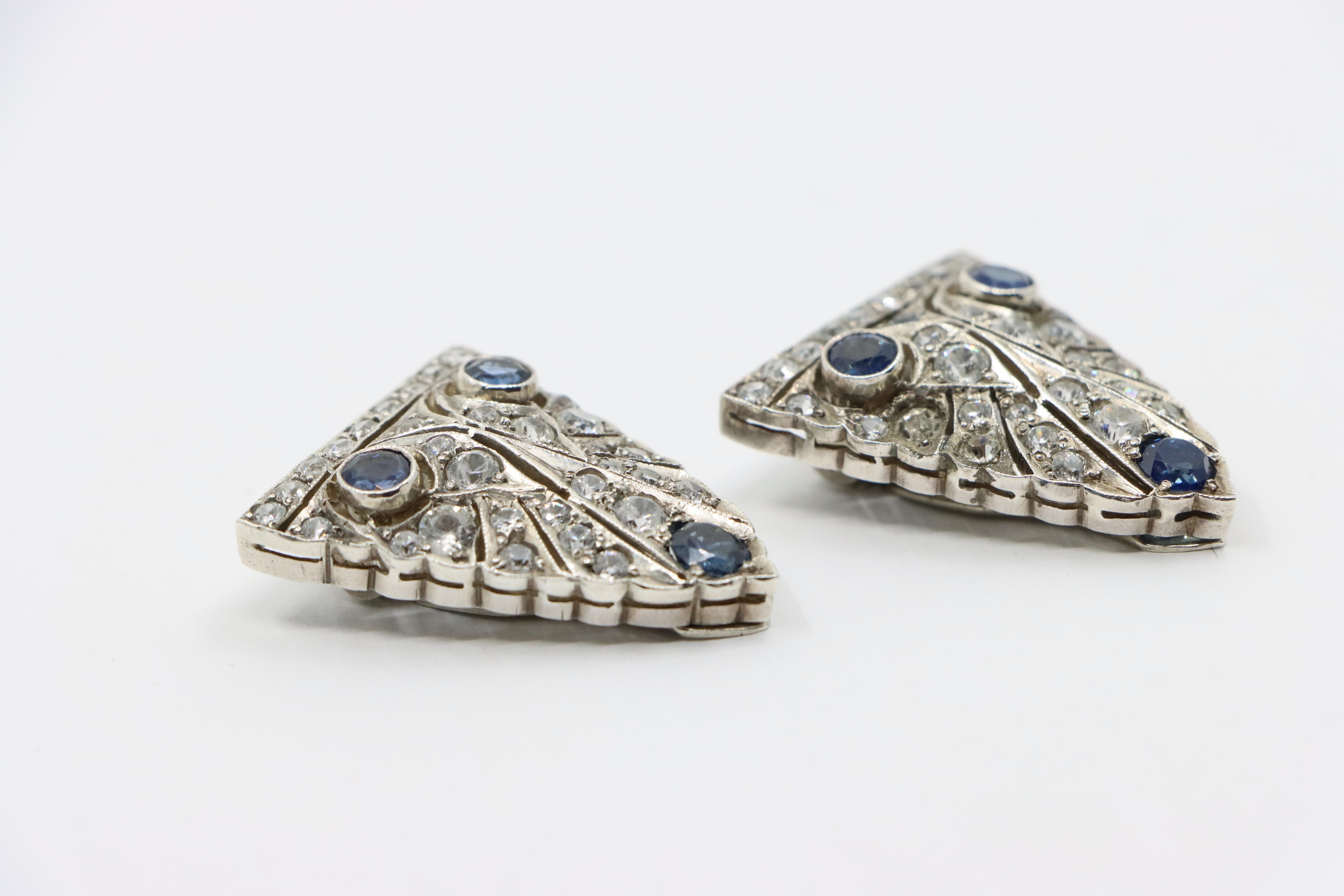 14K Gold & Sterling Blue White Sapphire Clips Brooch For Sale 7