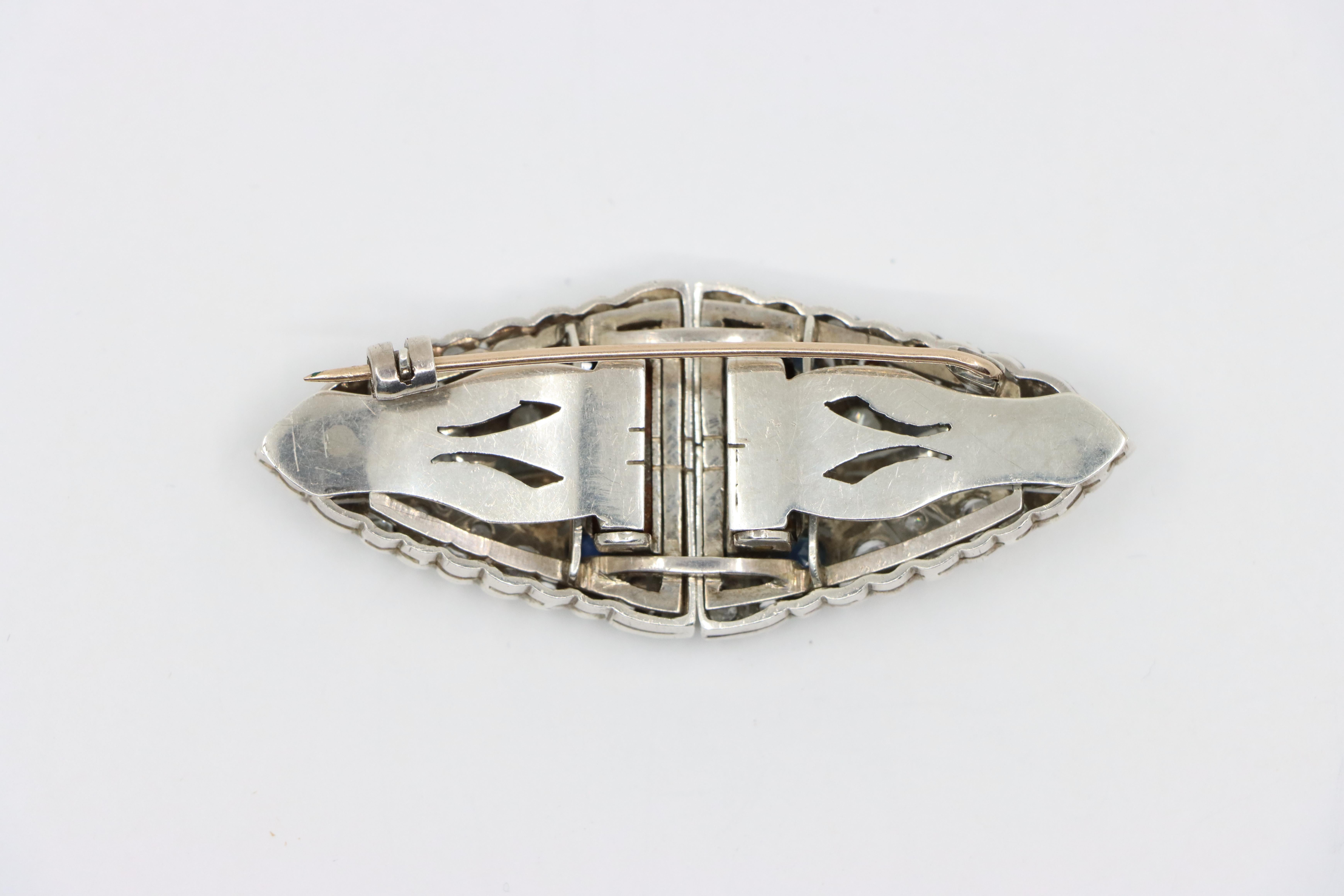 14K Gold & Sterling Blue White Sapphire Clips Brooch For Sale 8