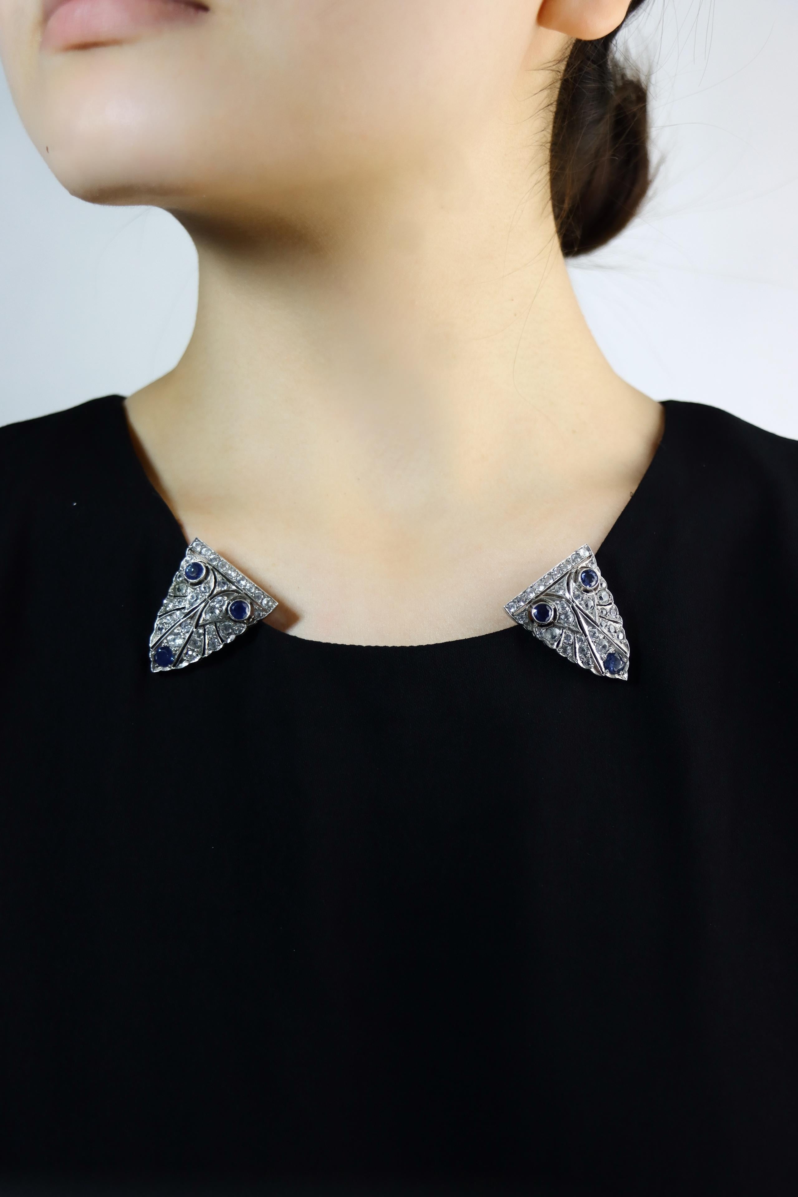 Round Cut 14K Gold & Sterling Blue White Sapphire Clips Brooch For Sale