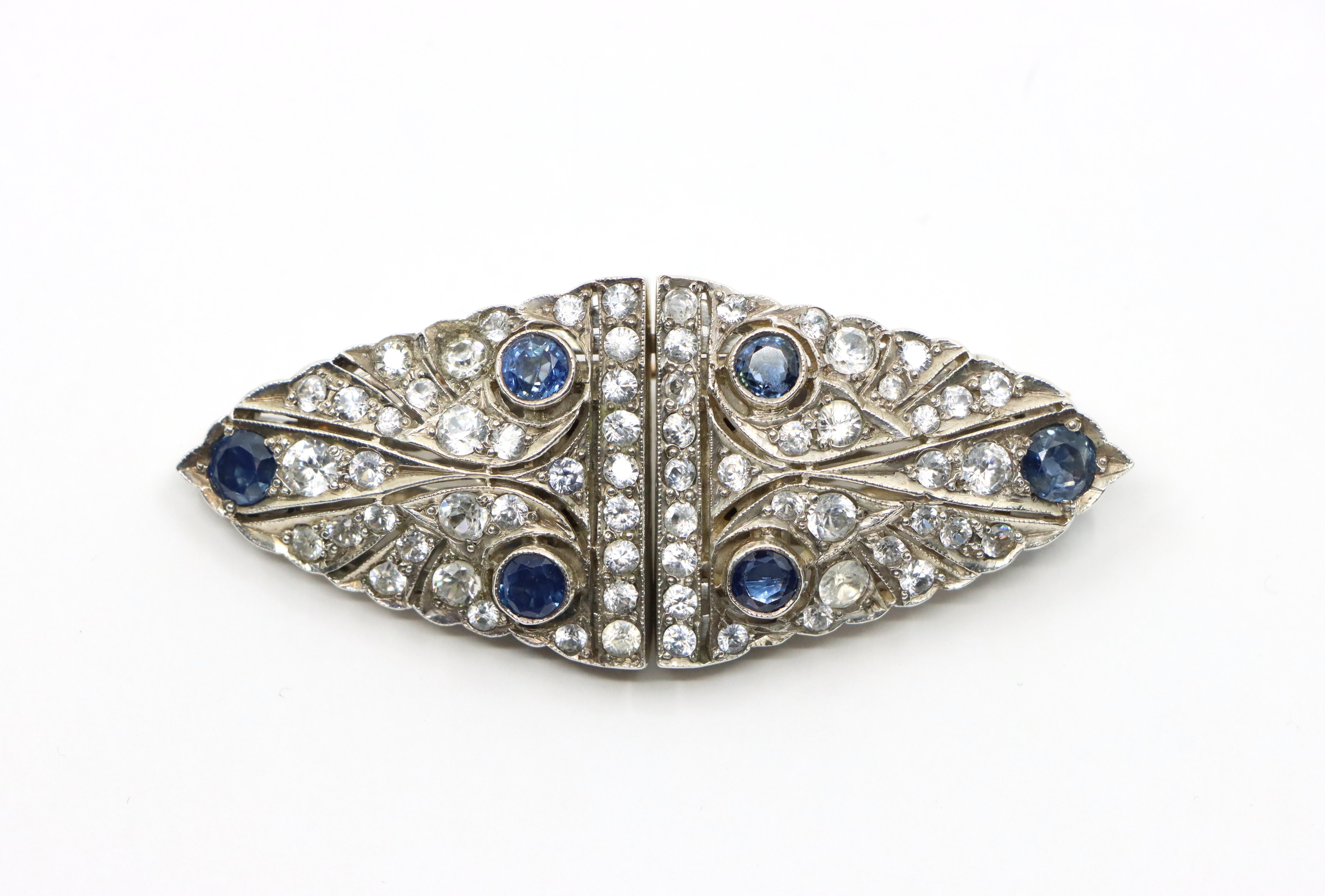 14K Gold & Sterling Blue White Sapphire Clips Brooch In Good Condition For Sale In Flushing, NY
