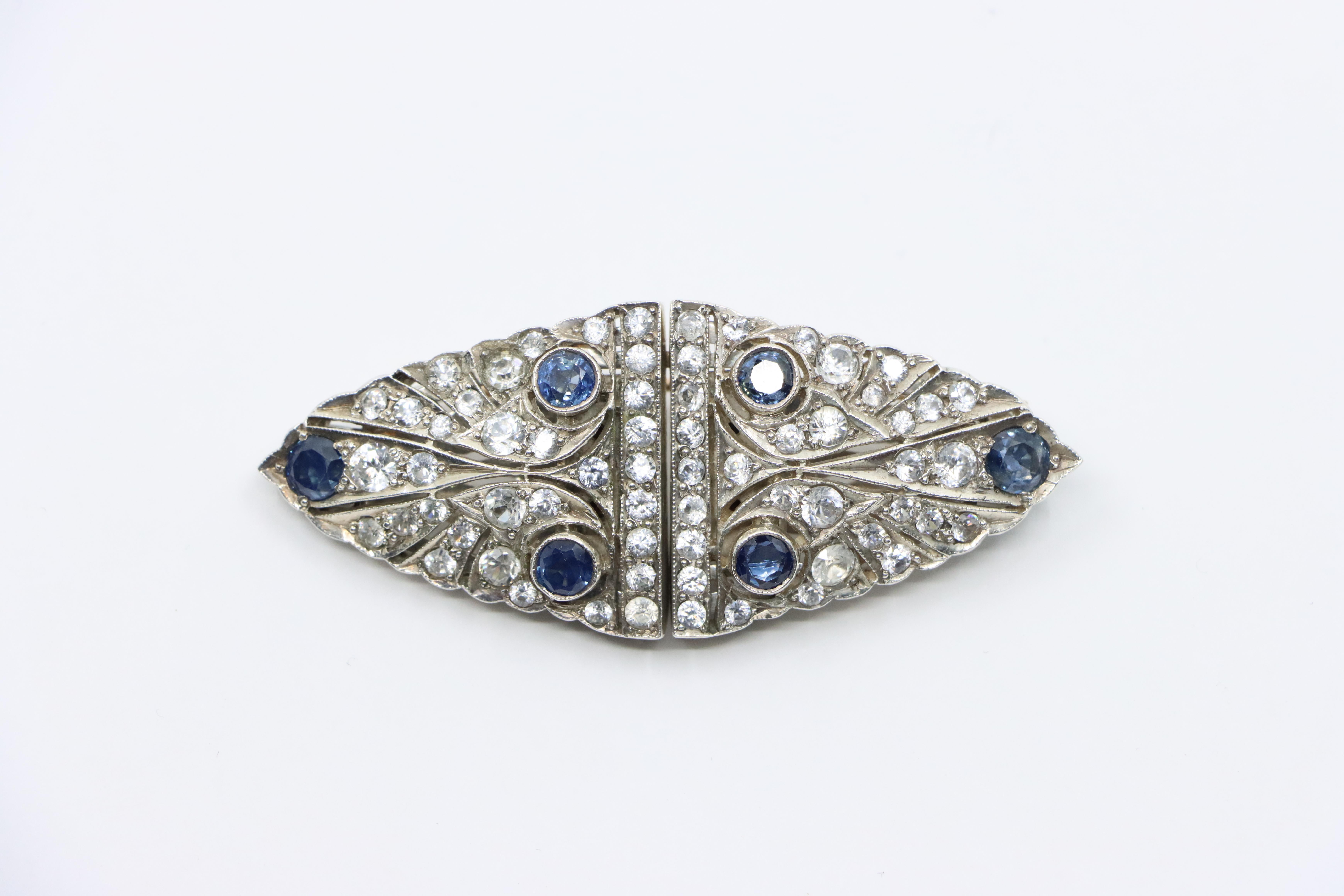Women's or Men's 14K Gold & Sterling Blue White Sapphire Clips Brooch For Sale