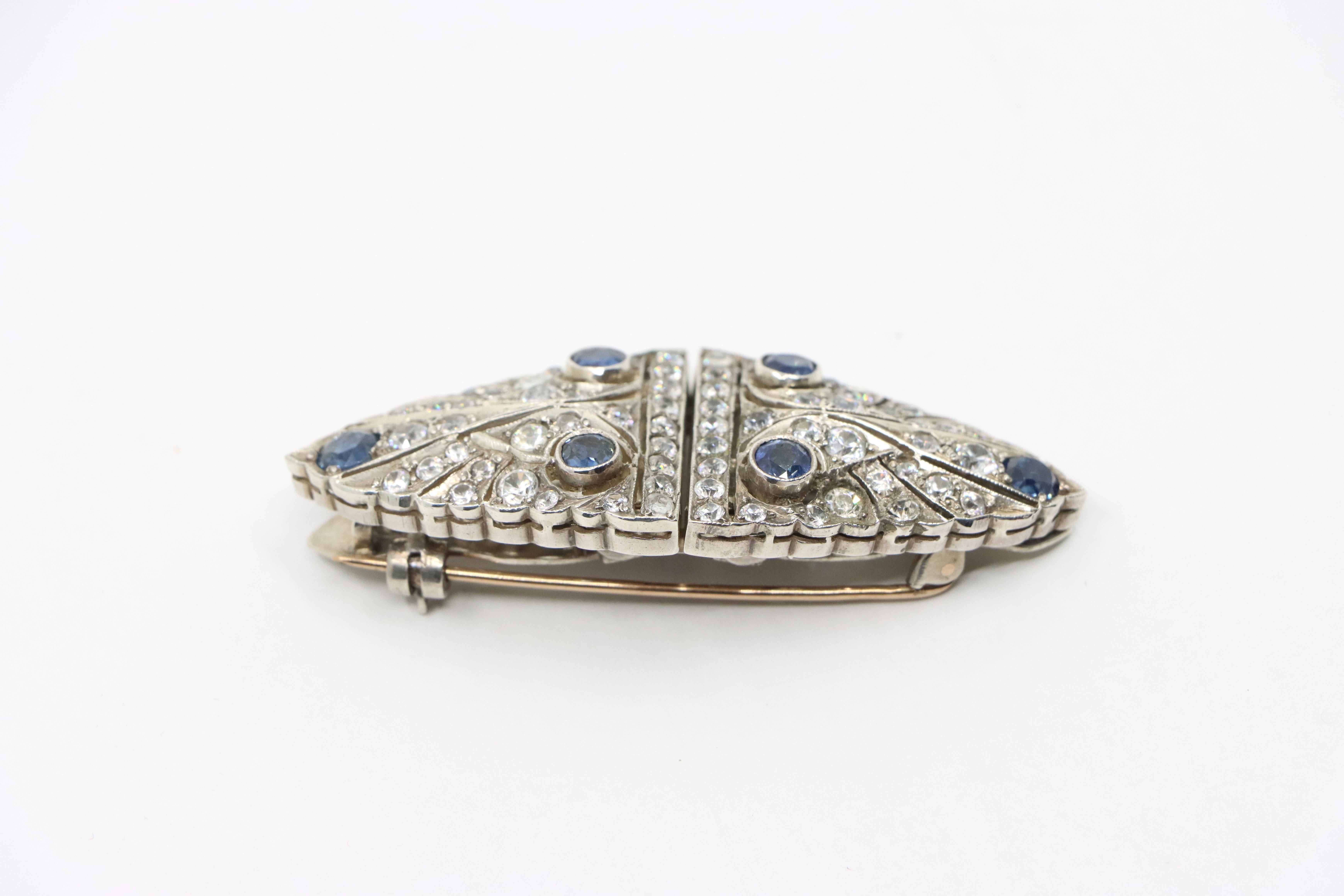 14K Gold & Sterling Blue White Sapphire Clips Brooch For Sale 1