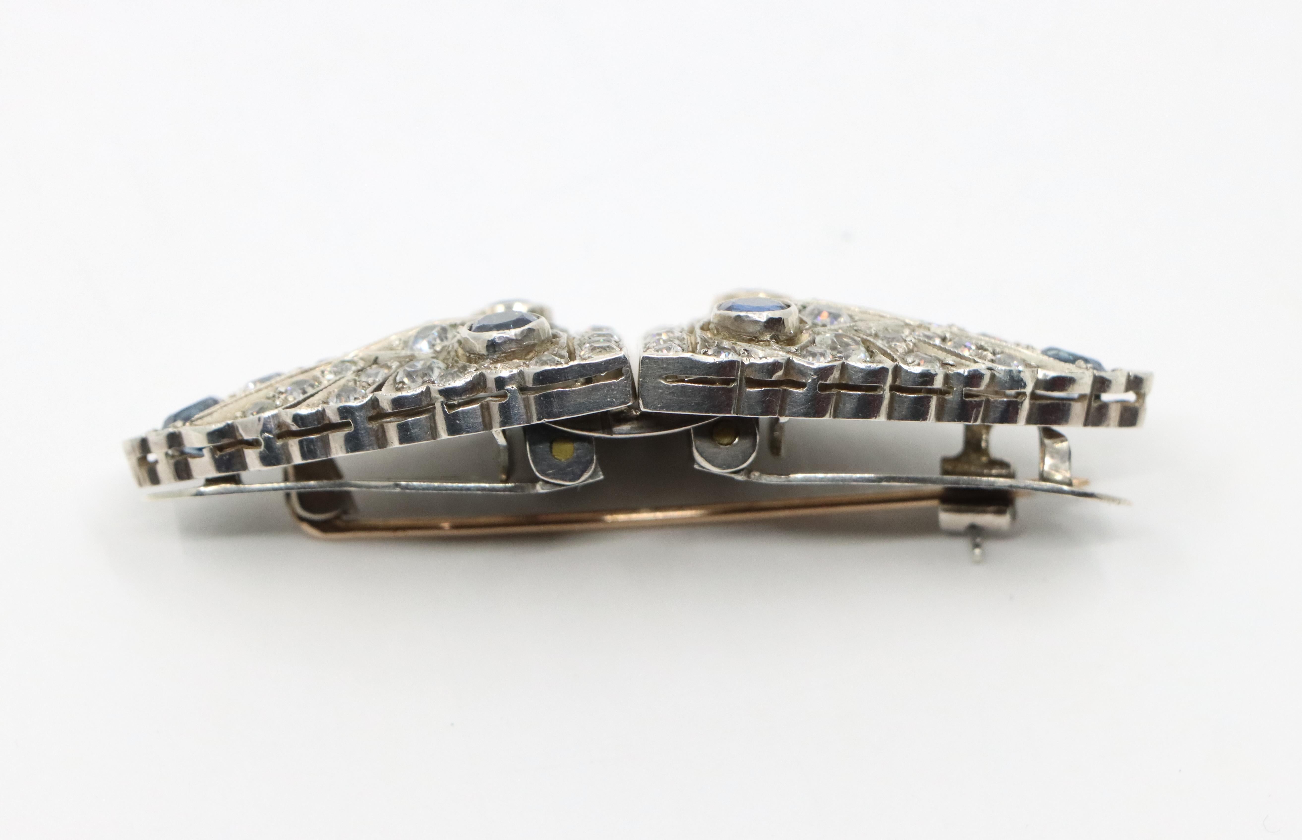 14K Gold & Sterling Blue White Sapphire Clips Brooch For Sale 2